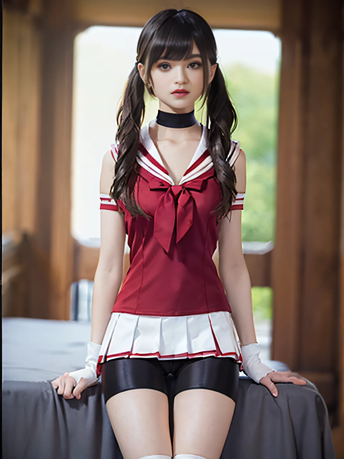 ((Black spandex shorts that Thigh Length:1.37)), simple costumes, 8k, RAW photos, top quality, masterpieces: 1.27), (realistic, photorealistic: 1.37), one girl, cute, professional lighting, physically based rendering, handsome, masterpiece, highest quality, high resolution, bed, sit, top quality photos, high resolution, 1080p, (Clear Face), (Detailed Face Description), (Detailed Hand Description), (Masterpiece), (Elaborate CG), (Detailed Facial Features), (Quality Photos), (Masterpiece), (Detailed Eyes),Sailor Senshi Uniform, White Gloves, Red Sailor Color, Red Skirt, Star Choker, Elbow Gloves, Pleated Skirt,