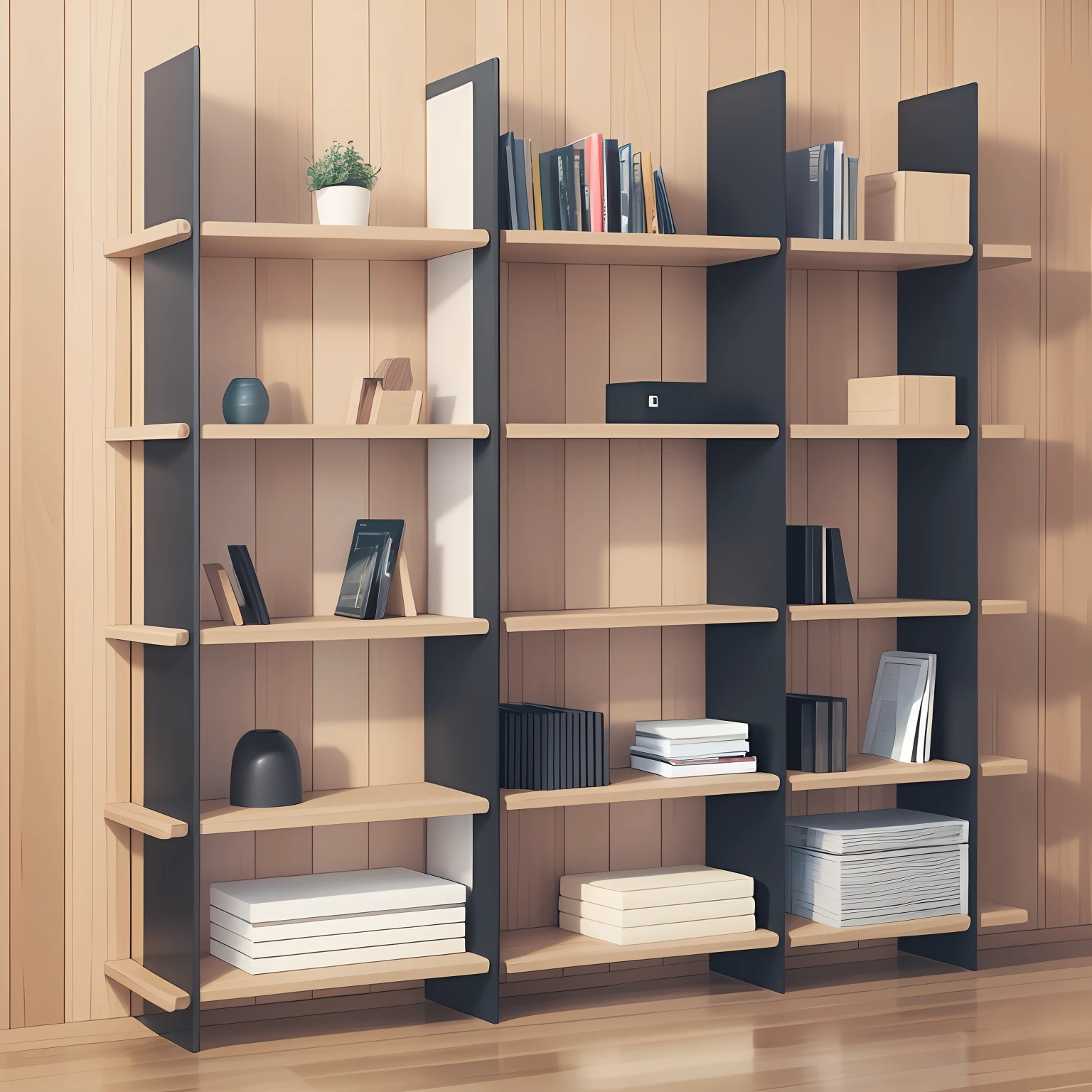 Uniform shelves made of solid wood with a uniform, linear design and grid-like parametric --auto --s2