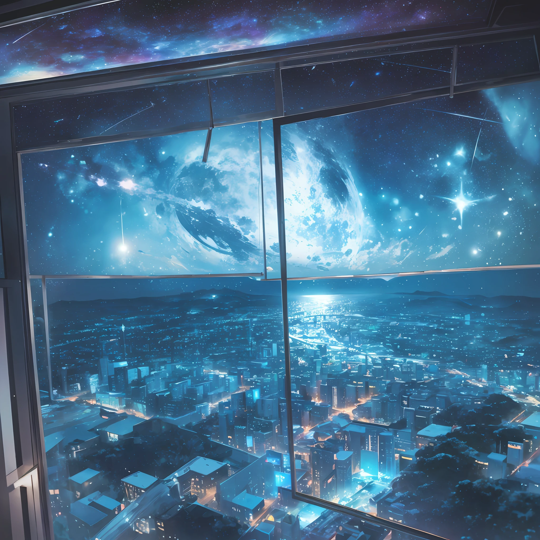 Outside the window is the space universe, you can see the blue planet (1.5)