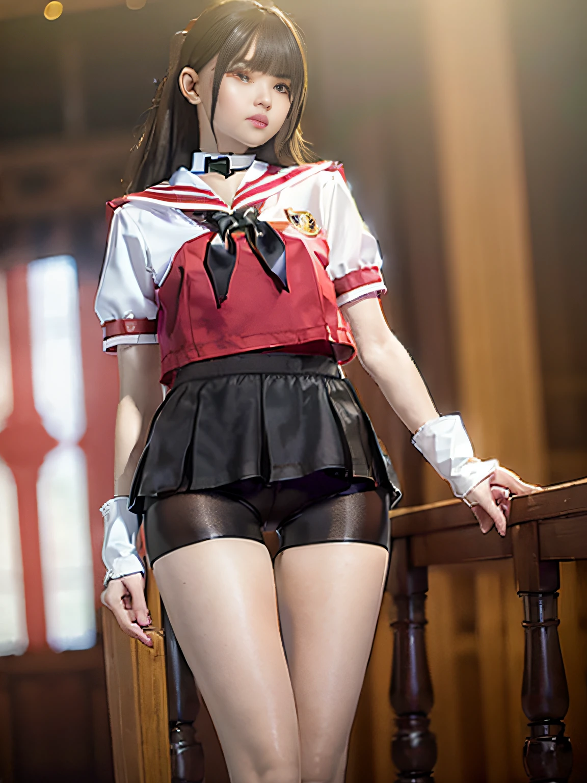 ((Black spandex shorts that Thigh Length:1.37)), short cheongsam, simple costumes, 8k, RAW photos, top quality, masterpieces: 1.27), (realistic, photorealistic: 1.37), one girl, cute, professional lighting, physically based rendering, handsome, masterpiece, highest quality, high resolution, bed, sit, Top quality photos, high resolution, 1080p, (clear face), (detailed facial description), (detailed hand description), (masterpiece), (elaborate CG), (detailed facial features), (highest quality photos), (masterpiece), (detailed eyes),sailor warrior uniform, white gloves, red sailor collar, red skirt, star choker, elbow gloves, pleated skirt,