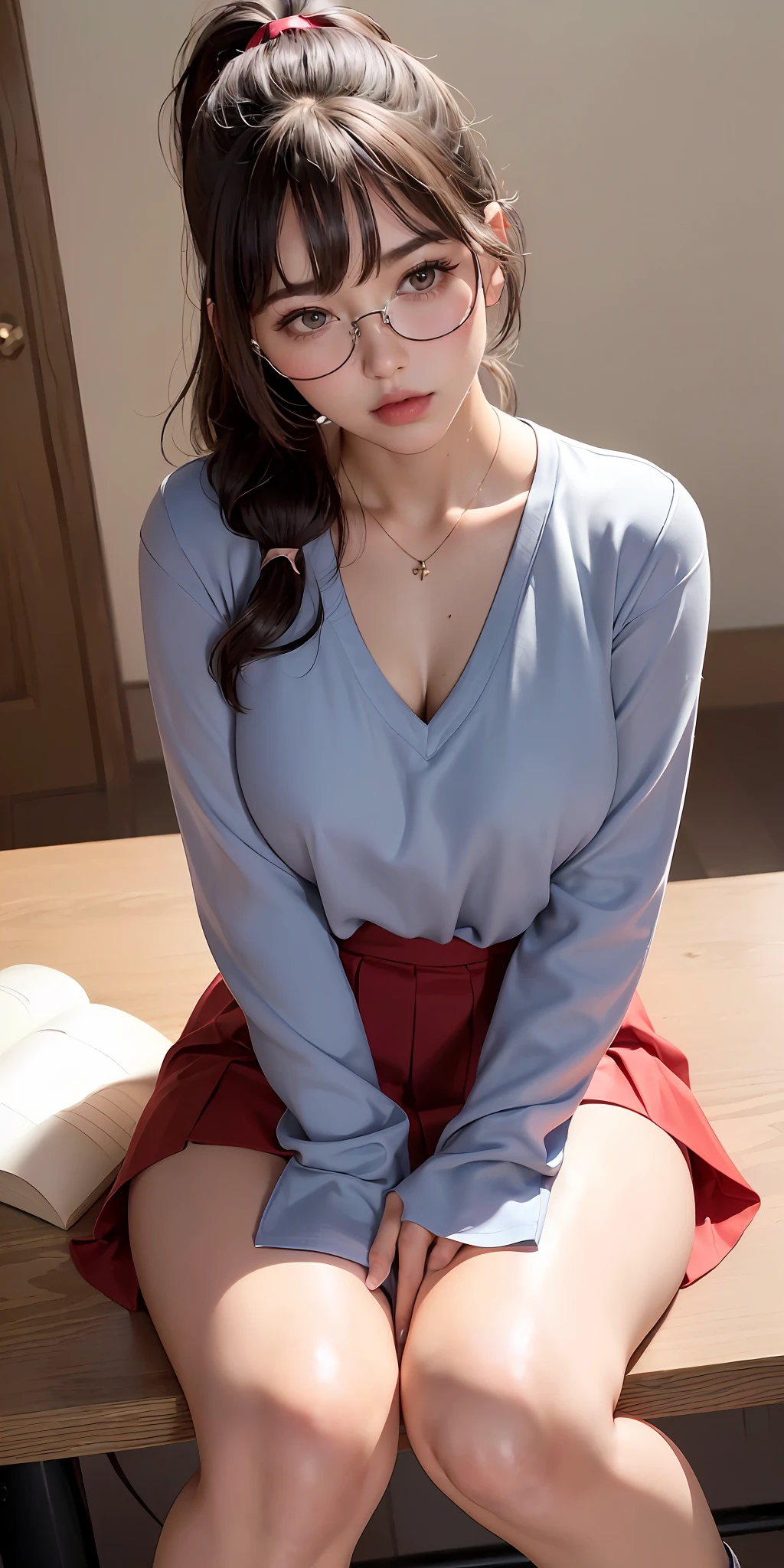 ((8k, RAW photos, top quality, masterpieces), high-definition RAW color photos professional close-up photos, (realistic, photorealism: 1.37), (highest quality), (best shadows), (best illustrations), collarbones ((big)), ((erotic, sexy, ultra high resolution, high-definition CG unified 8K wallpapers, physically based rendering, movie lighting), (aegyo sal:1), 18-year-old girl, (long-sleeved blouse with ribbon around the neck: 1.2), (pleated skirt in muted colors: 1.2) (tutor sitting in chair: 1.2), indoors, study room, bookcase, (stylish glasses: 1.2), (right hand index finger: 1.2) eyes with beautiful details, light on the face, ((full body shot: 1.2)), especially strong light, ((provocative and mischievous look)), glossy skin, ( thick thighs), ulzzang-6500-v1.1:0.2, shy, (flash:1.2), NSFW, , (ponytail:1.2), (puffy, (seductive posture:1.2, attractive:1.2)), (idle), ((good anatomy:1.2)), (studying, textbooks, notebooks, reference books: 1.2)
