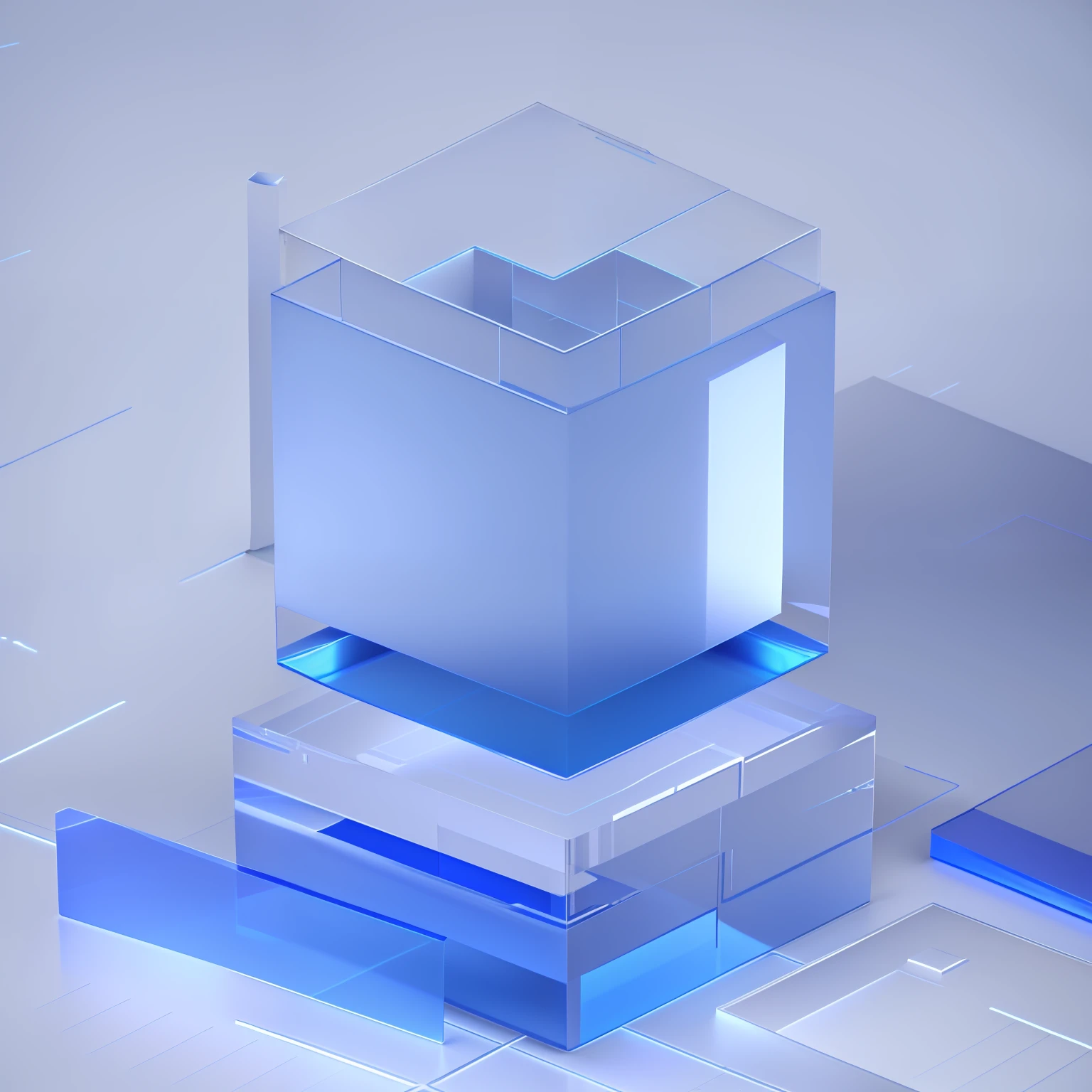 there is a blue object that is sitting on a table, geometric 3d render, geometric 3 d render, translucent cube, architecture render, depicted as a 3 d render, in style of 3d render, rendered in cinema 4 d, rendered in cinema4d, blueshift render, rendered in octane render, isometric 8k, physical based render