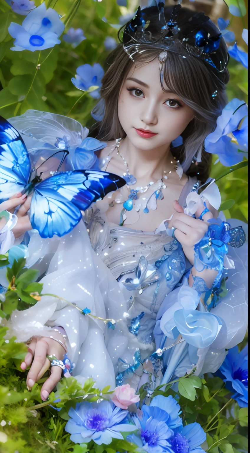 there is a girl in a blue dress holding a butterfly, 4 k detail fantasy, 8k)), ((a beautiful fantasy empress)), fantasy beautiful, blue adornements, blue soft details, fairycore, with blue skin, beautiful fairy, glowing blue butterflies, aesthetic cute with flutter, 8k high quality detailed art, ball jointed doll