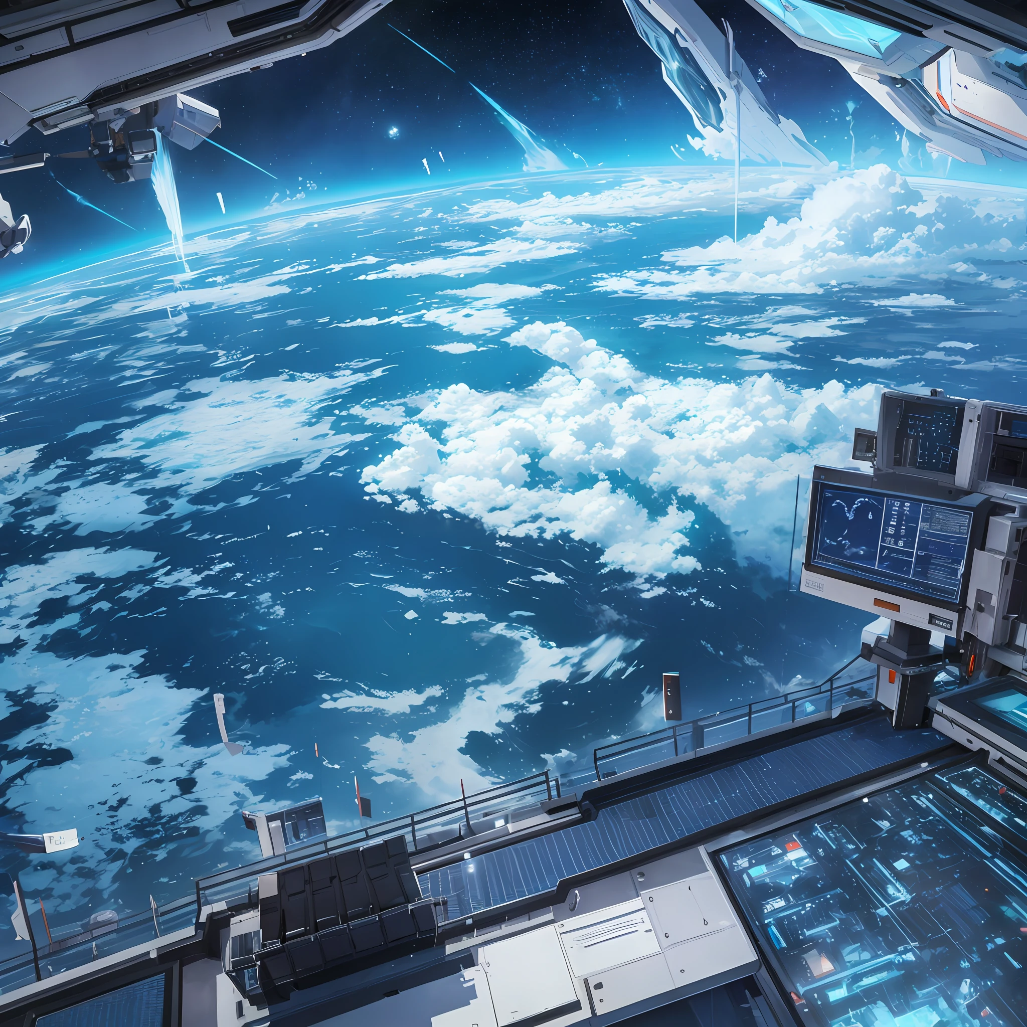 The extremely narrow and closed mecha control room looks out the window, and the blue planet can be seen in the space universe (1.5)