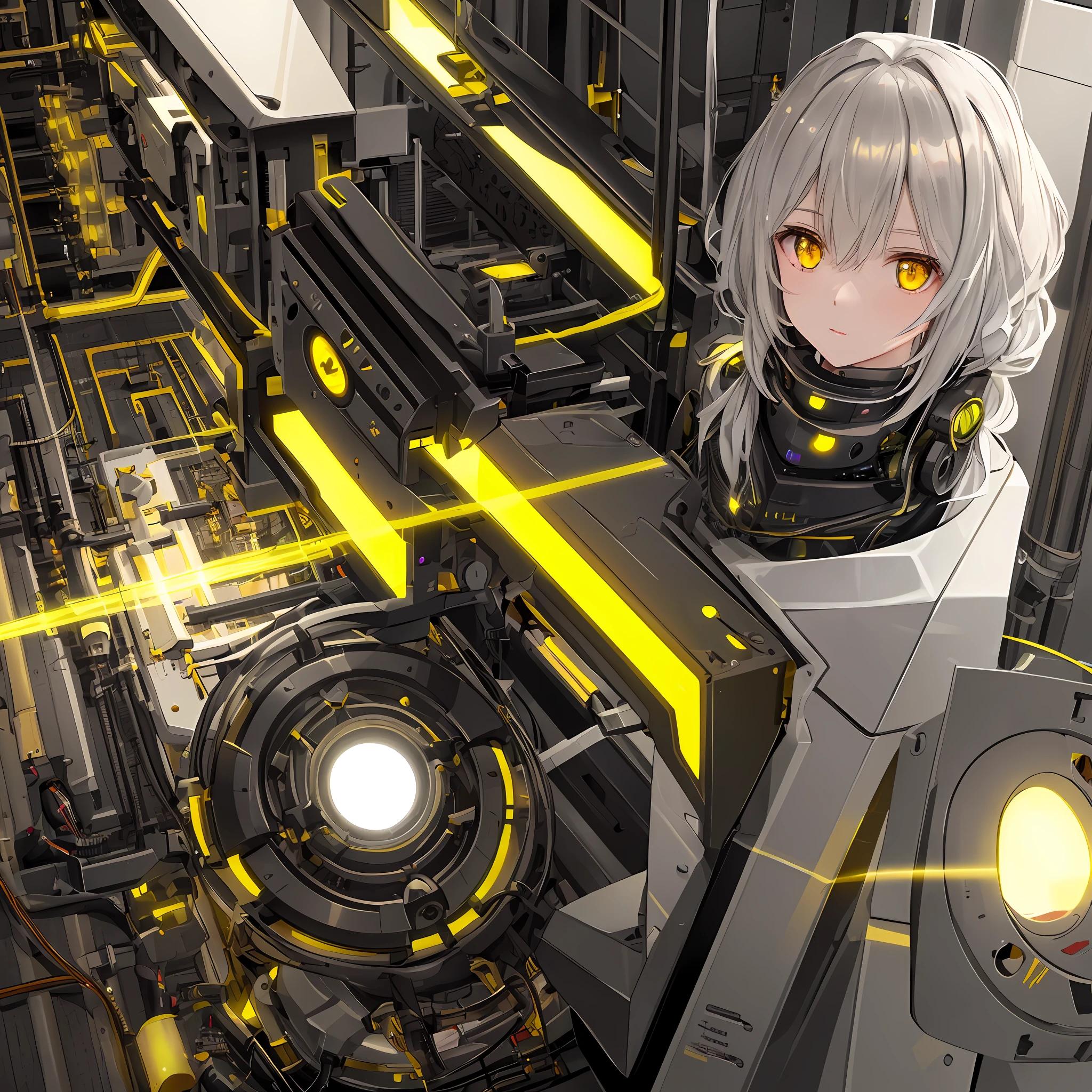 (a pretty girl:1.1) (robotic parts:1.0) (yellow eyes:0.8) (Technology Lab Scenario:1.2) (linear soft lighting:1.2)