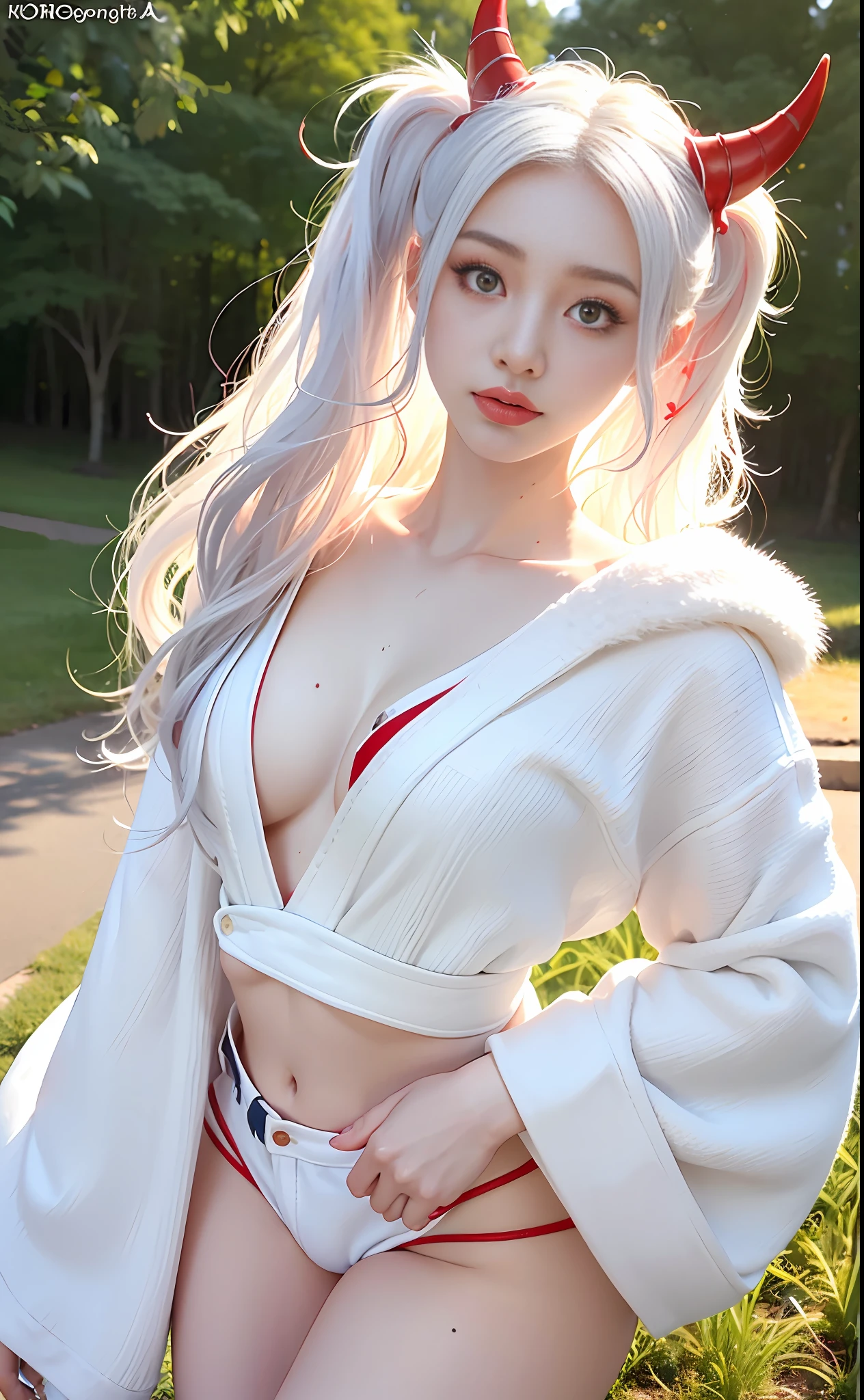 photorealistic, high resolution, 1 girl, white wavy hair, red horns on the side of the head, korean, heterochromic eyes, small moles under the eyes, white kimono, jean shorts, big, thighs thickest,vaginal showing through,large