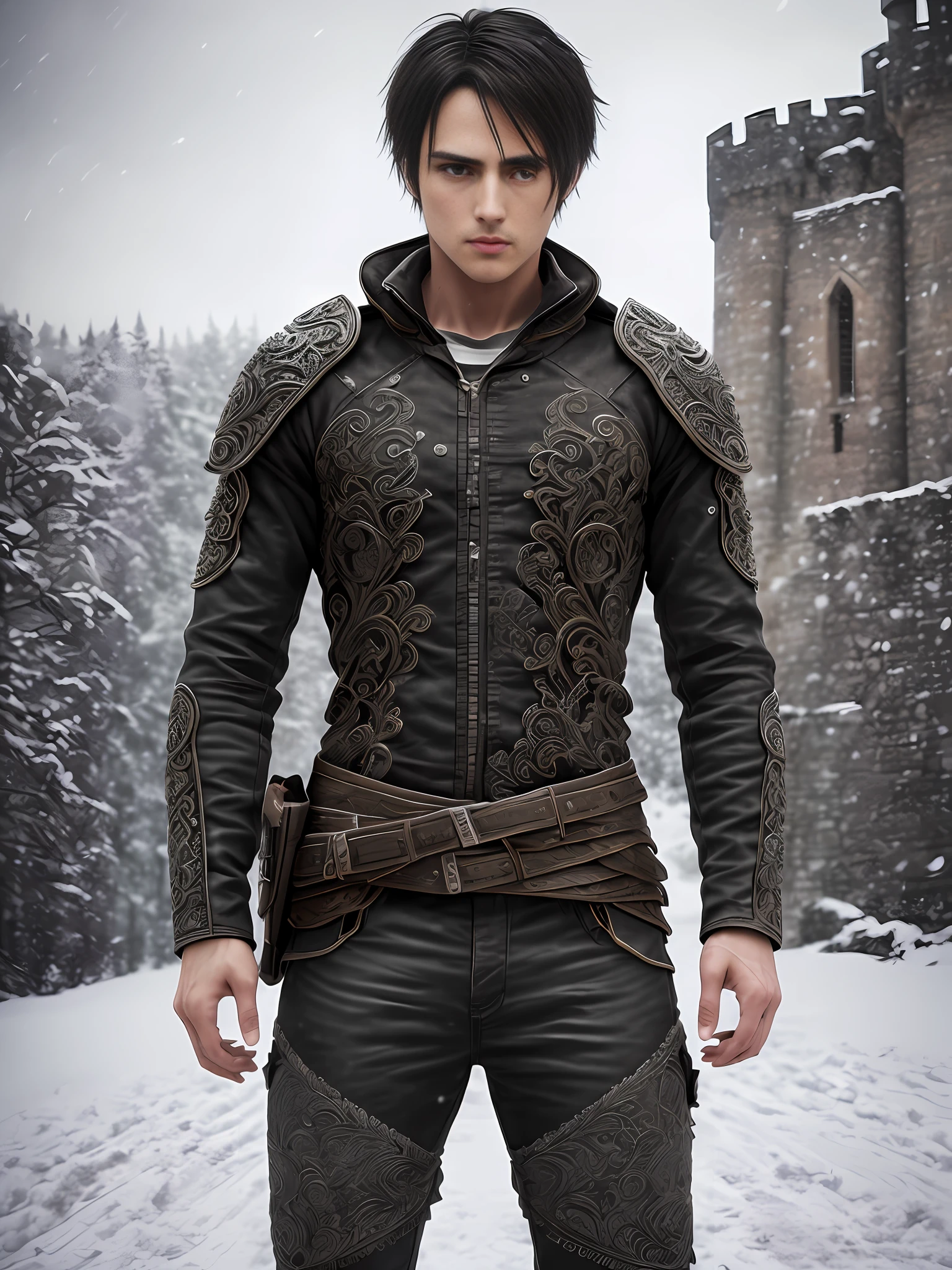 M male, (intricate details:1.22), HDR, (intricate details, hyperdetailed:1.2), full body, cinematic, intense, film composition, cinematic lighting, (rim lighting:1.3), color classification, , casual clothing, face eren yeager, strong body. 8K, background outside castle with snow, night, long black hair tied, perfect body, snowing, FIGHTING