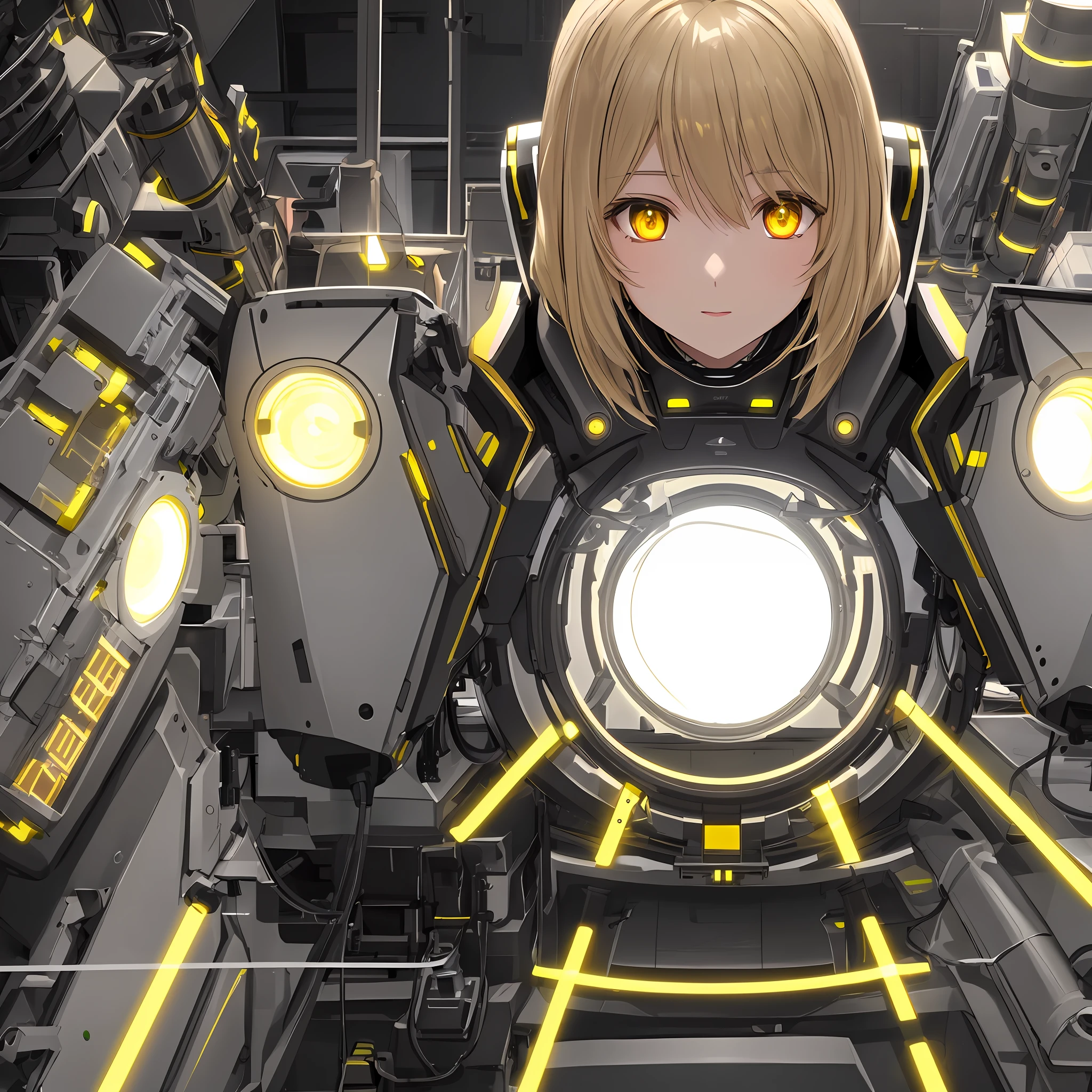 (a pretty girl:1.1) (robotic parts:1.0) (yellow eyes:0.8) (Technology Lab Scenario:1.2) (linear soft lighting:1.2)