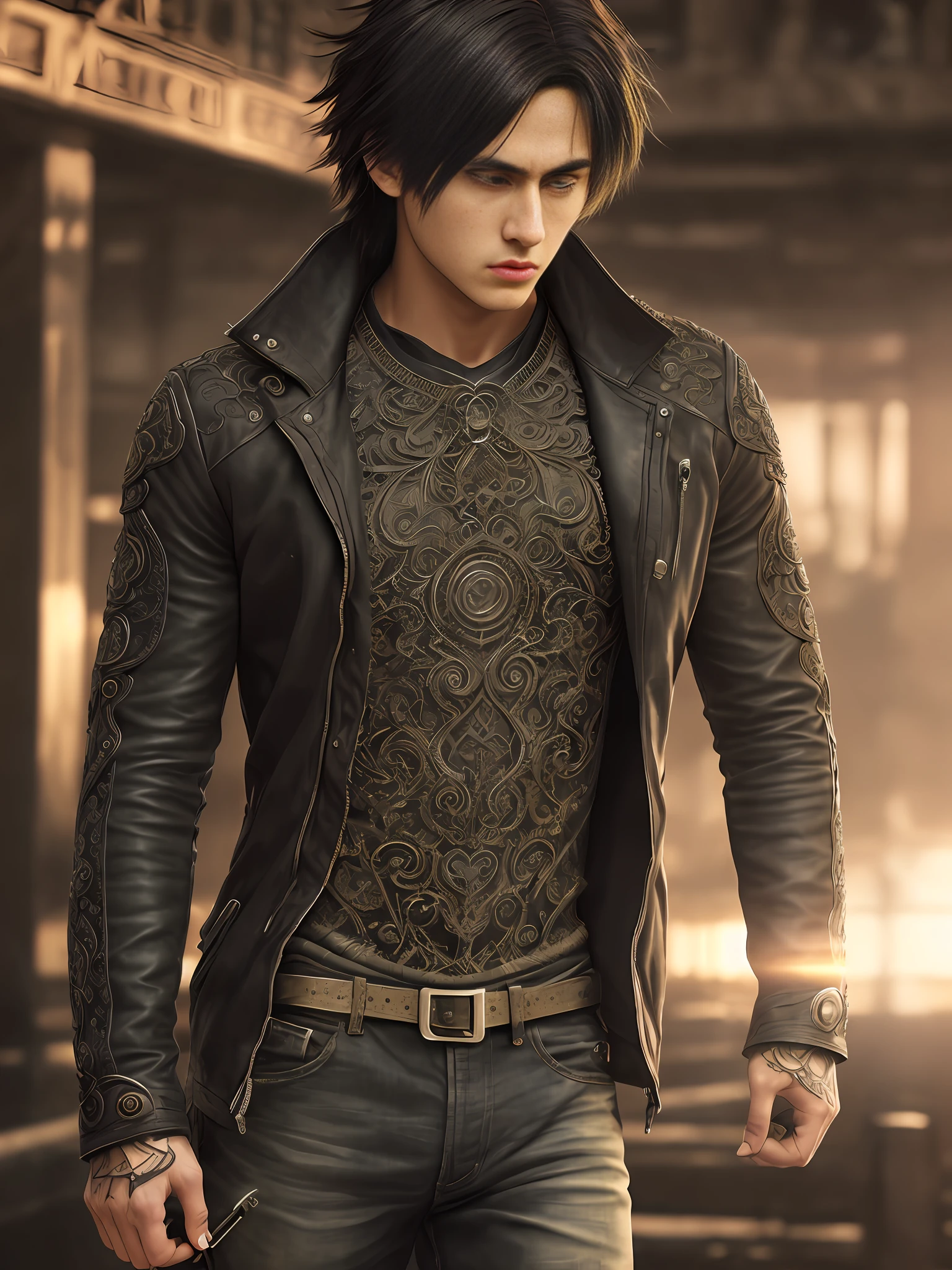 m male, (intricate details:1.22), hdr, (intricate details, hyperdetailed:1.2), full body, cinematic, intense, film composition, cinematic lighting, (rim lighting:1.3), color classification, , casual clothing, face eren yeager, strong body, perfect body, 8K, bar background with many people, long hair black color, warm clothing, angry