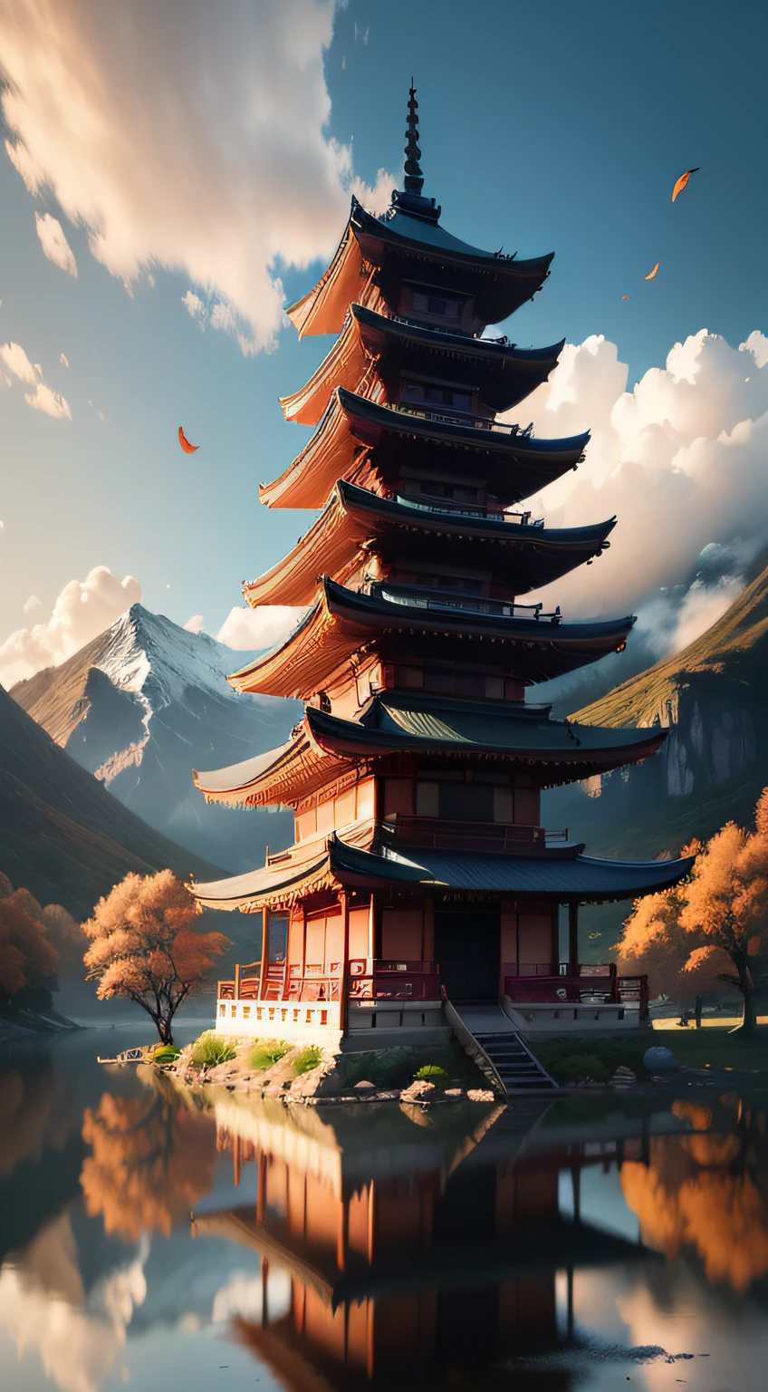 There is a large nine-story pagoda in the middle of the lake, mountains in the background, seasonal autumn, autumn leaves floating in the air, digital painting of the pagoda, Japonisme 3 D 8 K super detailed, popular on ArtStation 4K, dojo on the mountain, 8K stunning artwork, trends on ArtStation Hq, detailed painting 4 K, 4K highly detailed digital art, low detail. Digital painting.