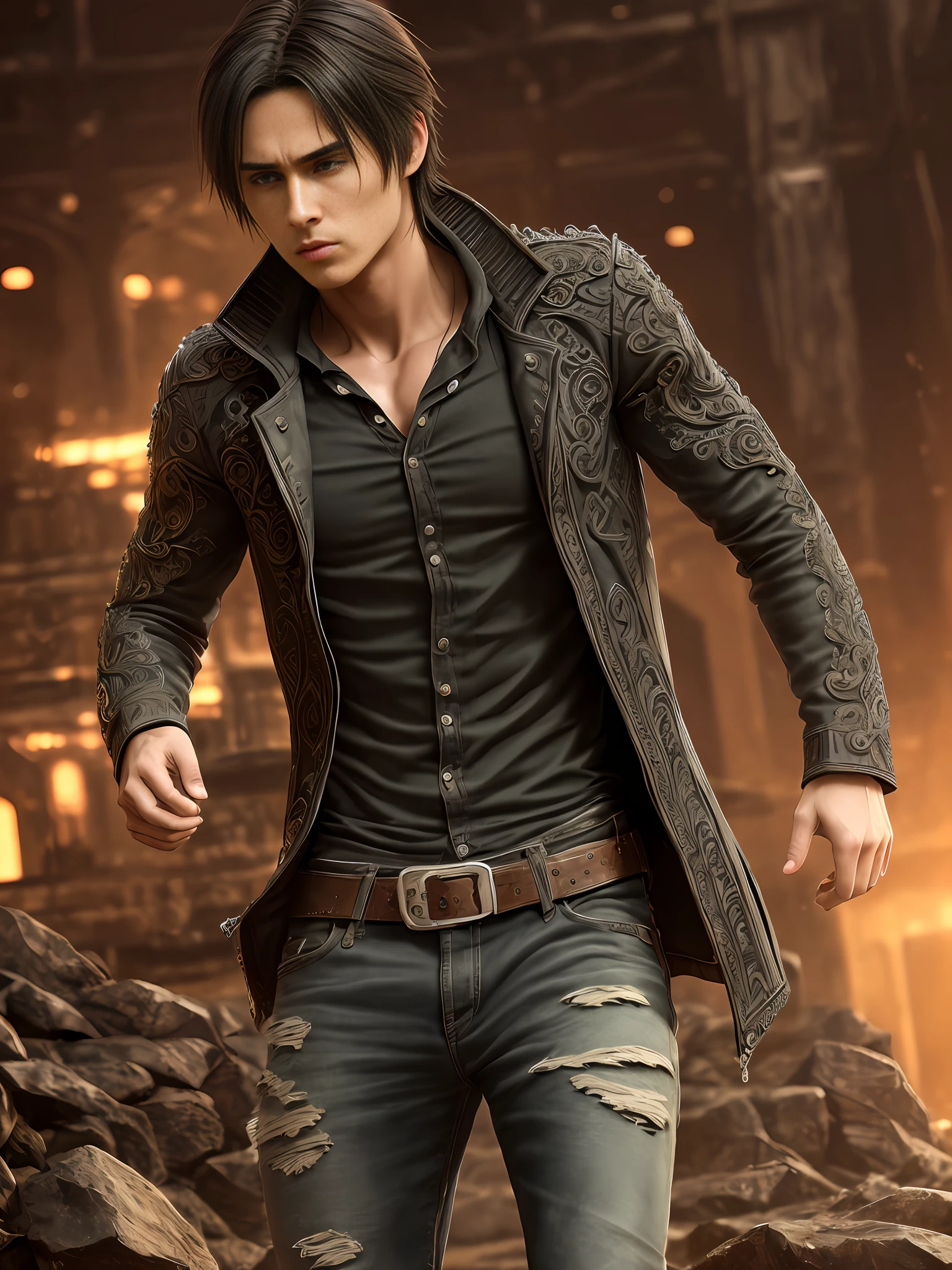 m male, (intricate details:1.22), hdr, (intricate details, hyperdetailed:1.2), full body, cinematic, intense, film composition, cinematic lighting, (rim lighting:1.3), color classification, , casual clothing, face eren yeager, strong body, perfect body, 8K, bar background with many people, long hair black color, warm clothing, angry