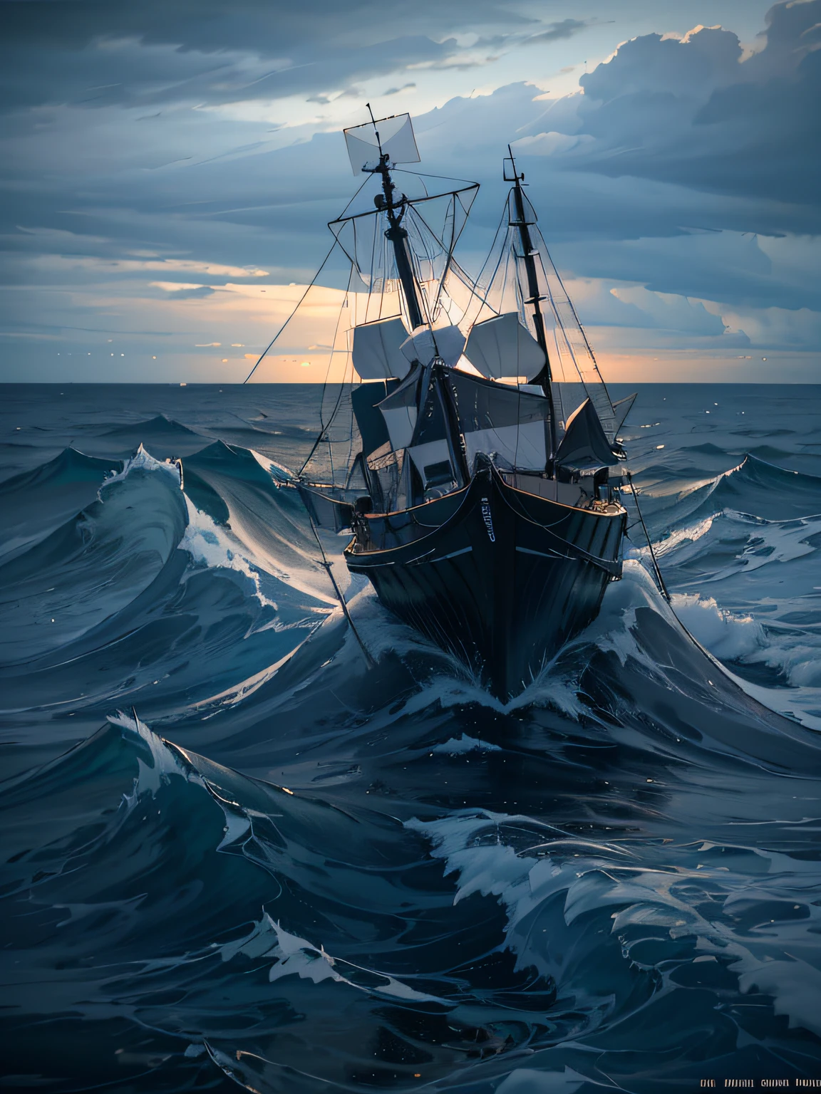seaside, dark clouds, heavy rain, huge waves, fishing boat, depth of field, HD detail, wet watermark, hyper-detail, cinematic, surrealism, soft light, deep field focus bokeh, ray tracing, diffuse (ultra-fine glass reflection) and surrealism, UHD, 8k, high resolution, high detail, octane rendering,--niji