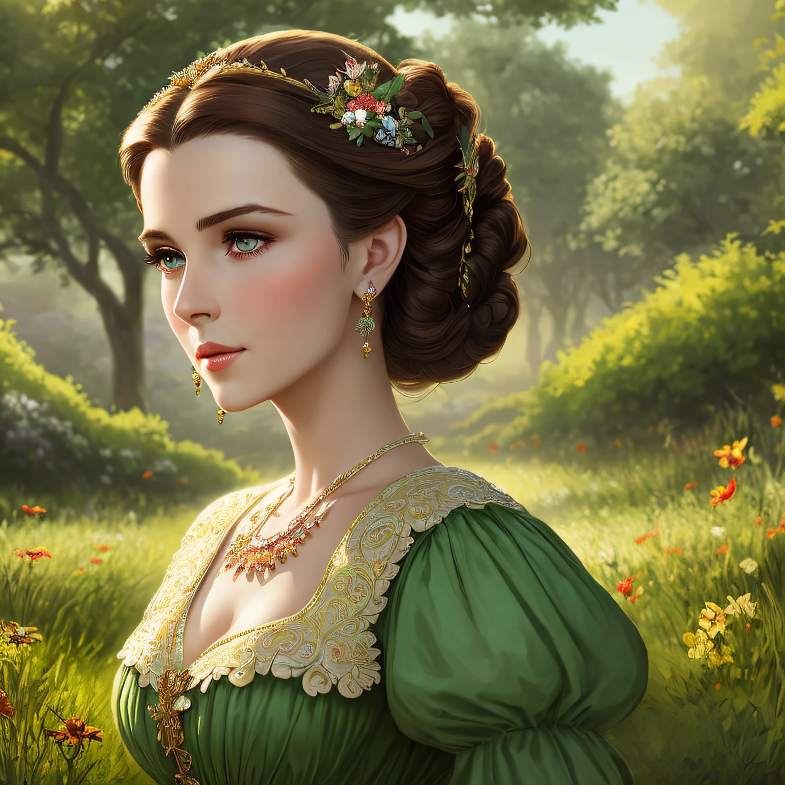 masterpiece detailed beautiful woman scarlett ohara character, brown hair, detaiiled perfect bright dark green eyes, delicate symmetric realistic and beautiful face, (sunny lawn area), 1800 riding habit, fairy, full body, masterpiece, absurdres,fine detail, rich colors, dramatic lighting, extremely detailed, cinematic lighting
