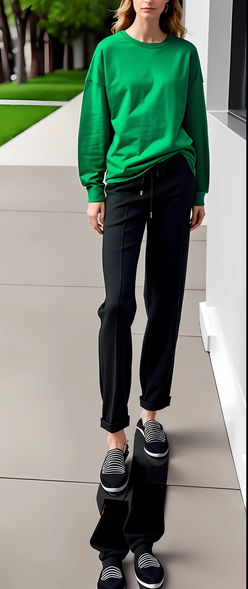 Green loose crewneck T-shirt, black straight-leg trousers, slippers. Please take full body photos and look at the camera, 8K HD and DSLR.