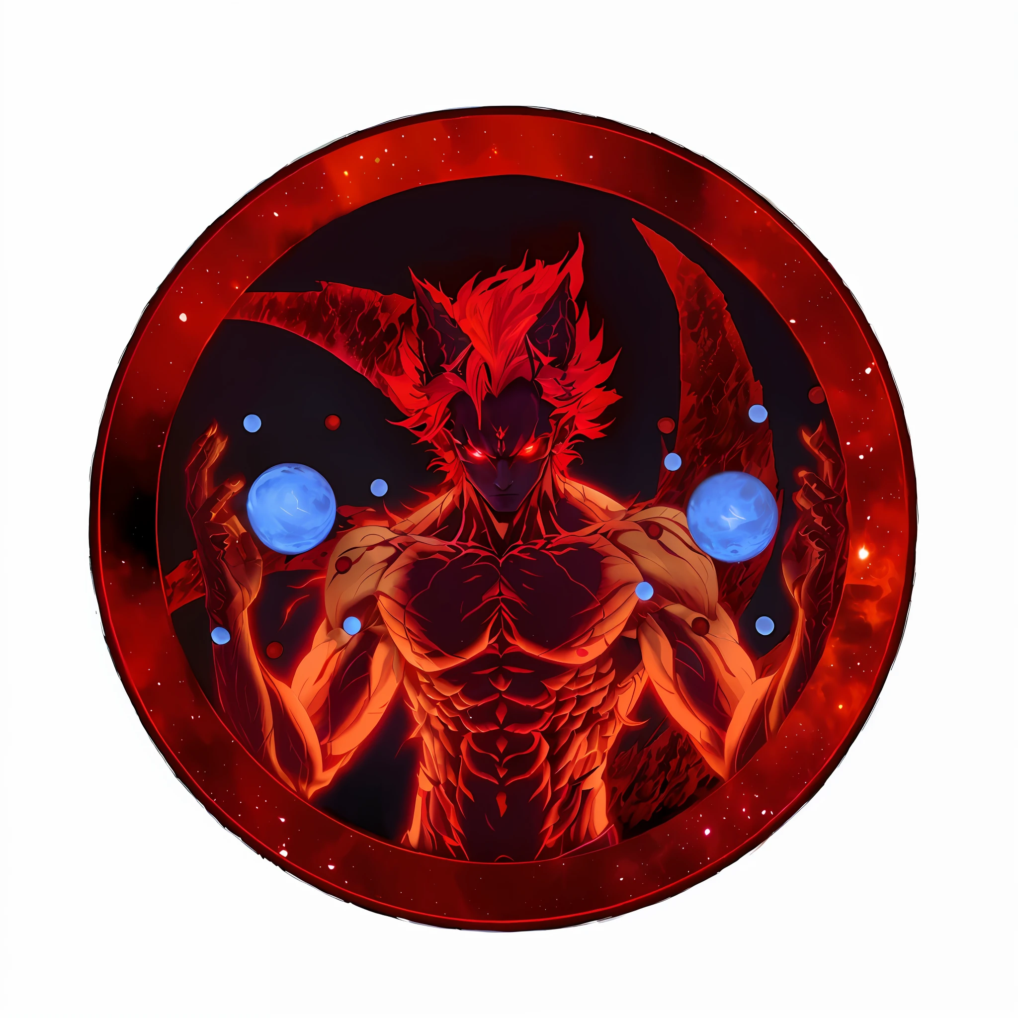 there is a red and black picture of a demon with glowing eyes, emitting evil red aura, red demon cyberpunk symbols, nine tails, full body savage devilman, male djinn man demon hybrid, devilman, symmetry!! portrait of akuma, djinn man male demon, red scales on his back, demon male, official artwork, album art, hades supergiant