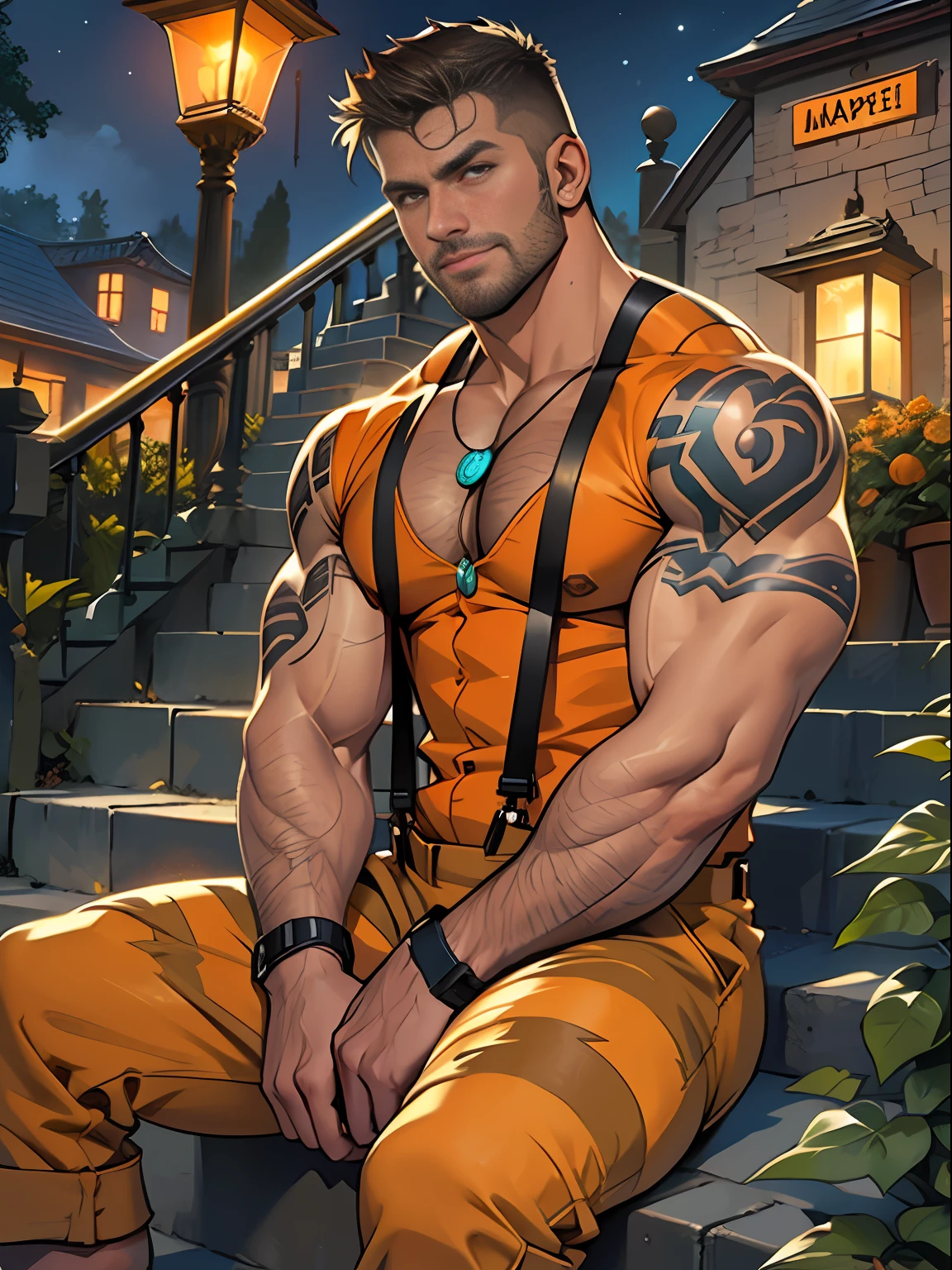 30 years old, big eyes, male, stubble, short hair, huge muscles, exaggerated muscles, mature man, muscle swelling, bodybuilding, pectoral muscles, abs, in the courtyard of European sculpture, jack-o'-lantern, orange striped shirt, open shirt, pumpkin badge, jack-o'-lantern necklace, orange suspenders, martin boots, natural light, wet, wheat-colored skin, 1man, tattoo on forearm, Halloween ornaments, night, sitting on steps
