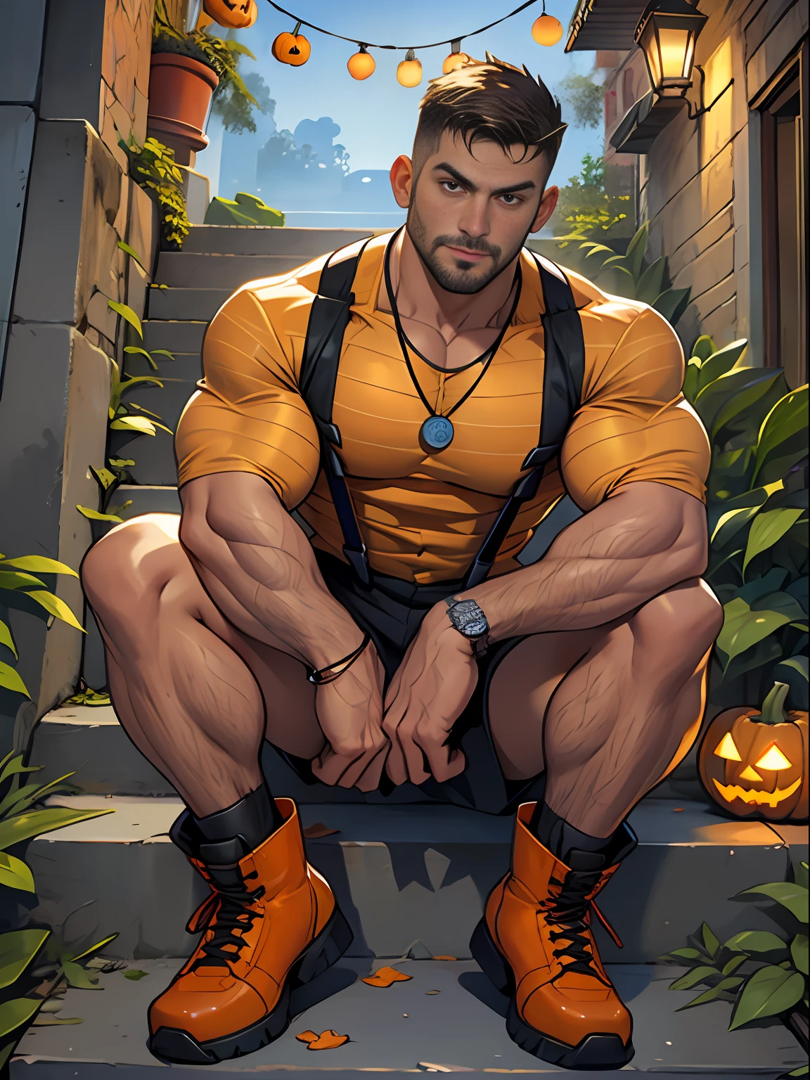 30 years old, big eyes, male, stubble, short hair, huge muscles, exaggerated muscles, mature man, muscle swelling, bodybuilding, pectoral muscles, abs, in the courtyard of European sculpture, jack-o'-lantern, orange striped shirt, open shirt, pumpkin badge, jack-o'-lantern necklace, orange suspenders, martin boots, natural light, wet, wheat-colored skin, 1man, tattoo on forearm, Halloween ornaments, night, sitting on steps