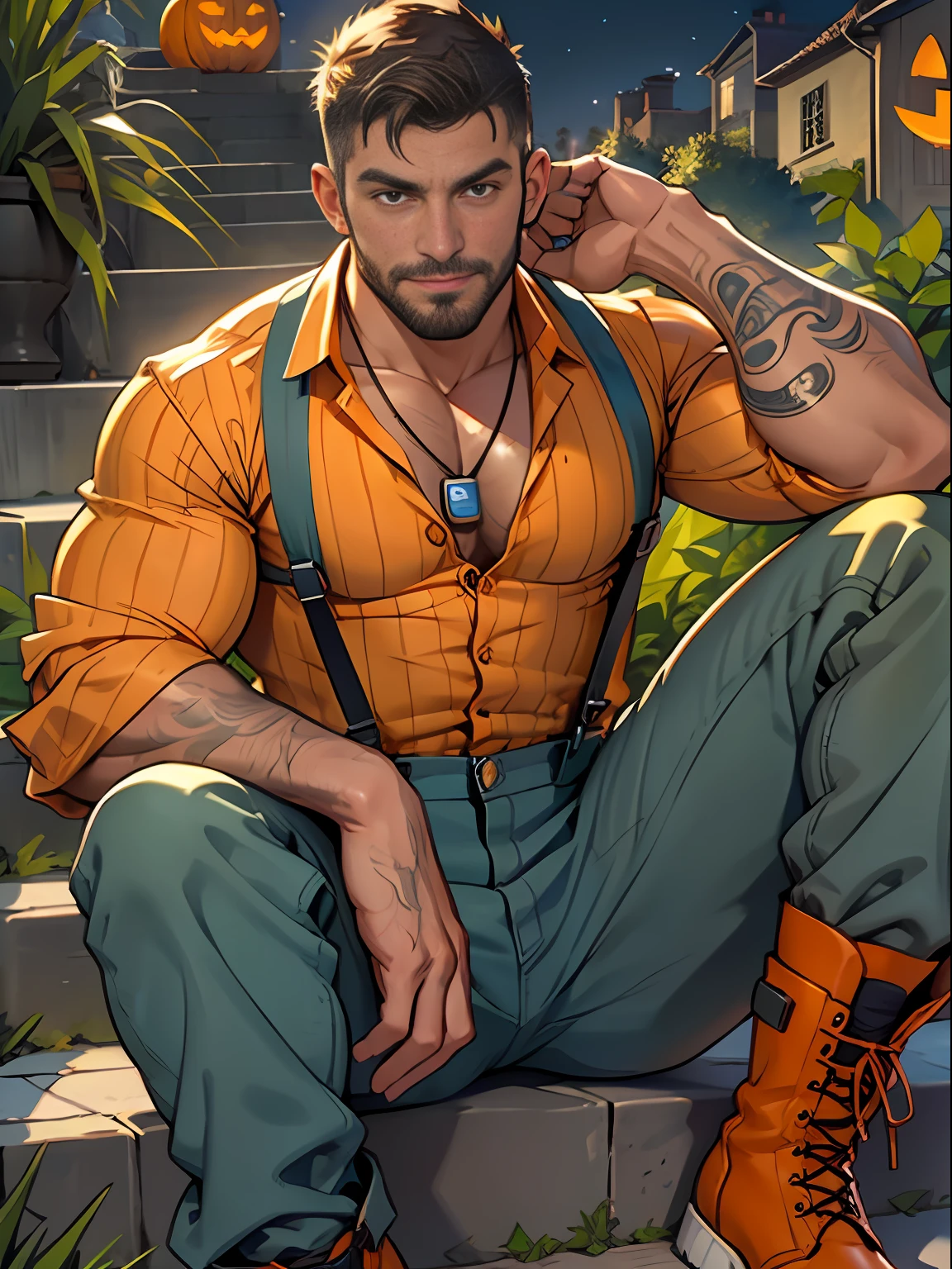30 years old, big eyes, male, stubble, short hair, huge muscles, exaggerated muscles, mature man, muscle swelling, bodybuilding, pectoral muscles, abs, in the courtyard of European sculpture, jack-o'-lantern, orange striped shirt, open shirt, pumpkin badge, jack-o'-lantern necklace, orange suspenders, martin boots, natural light, wet, wheat-colored skin, 1man, tattoo on forearm, Halloween ornaments, night, sitting on steps