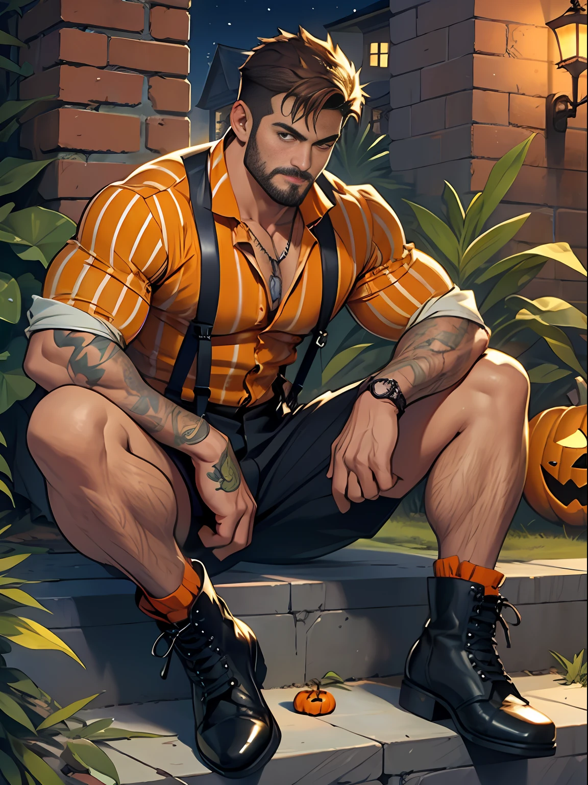 30 years old, big eyes, male, stubble, short hair, huge muscles, exaggerated muscles, mature man, muscle swelling, bodybuilding, pectoral muscles, abs, in the courtyard of European sculpture, jack-o'-lantern, orange striped shirt, open shirt, pumpkin badge, jack-o'-lantern necklace, orange suspenders, martin boots, natural light, wet, wheat-colored skin, 1man, tattoo on forearm, Halloween ornaments, night, sitting on steps