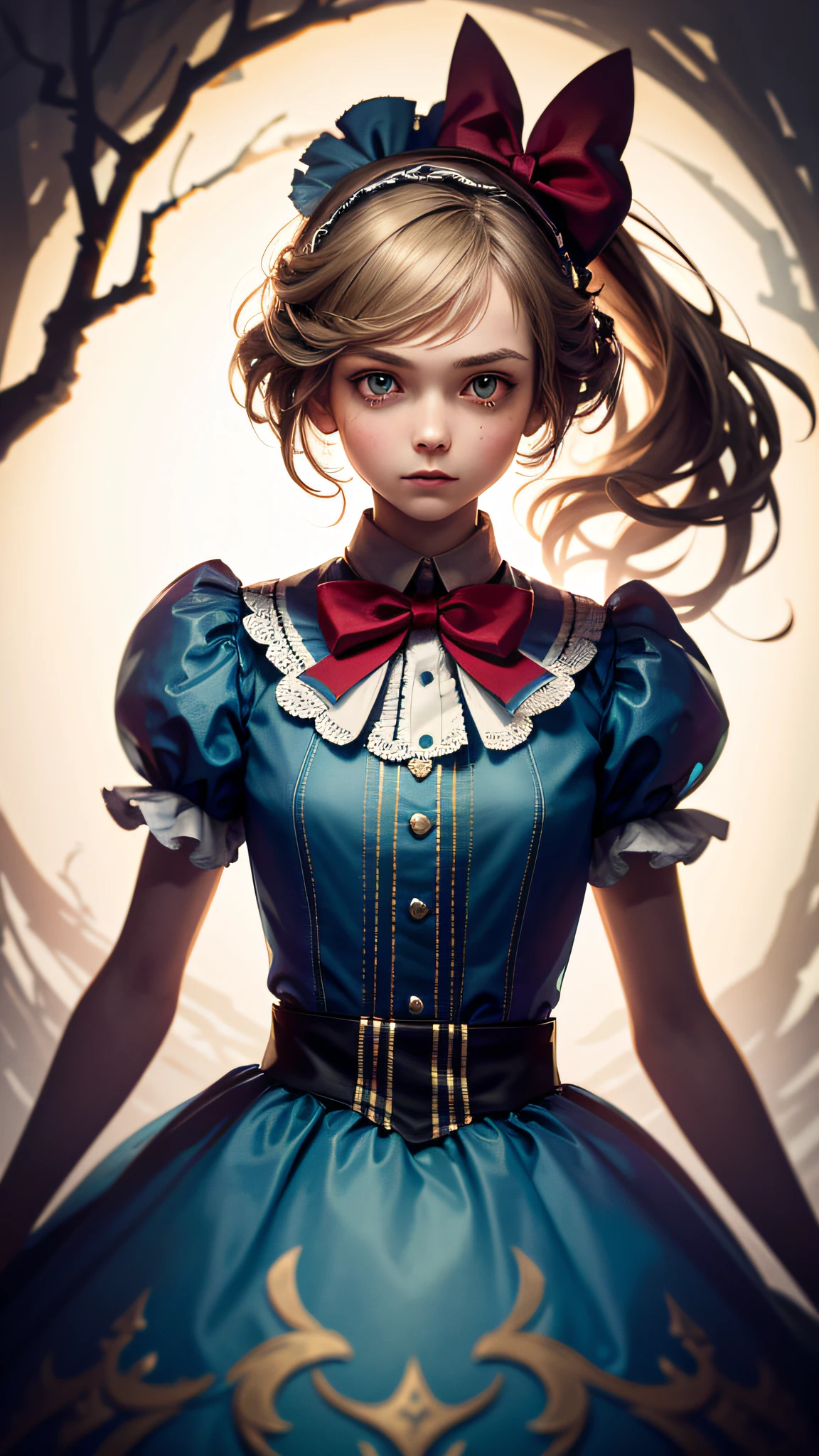 1girl, masterpiece, best quality, 8k, detailed skin texture, detailed cloth texture, beautiful detailed face, intricate details, ultra detailed, Alice in Wonderland, (a bow on her head:1.1), upper body