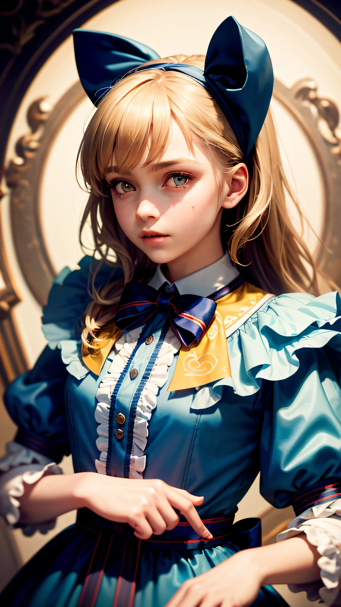 1girl, masterpiece, best quality, 8k, detailed skin texture, detailed cloth texture, beautiful detailed face, intricate details, ultra detailed, Alice in Wonderland, (a bow on her head:1.1), upper body