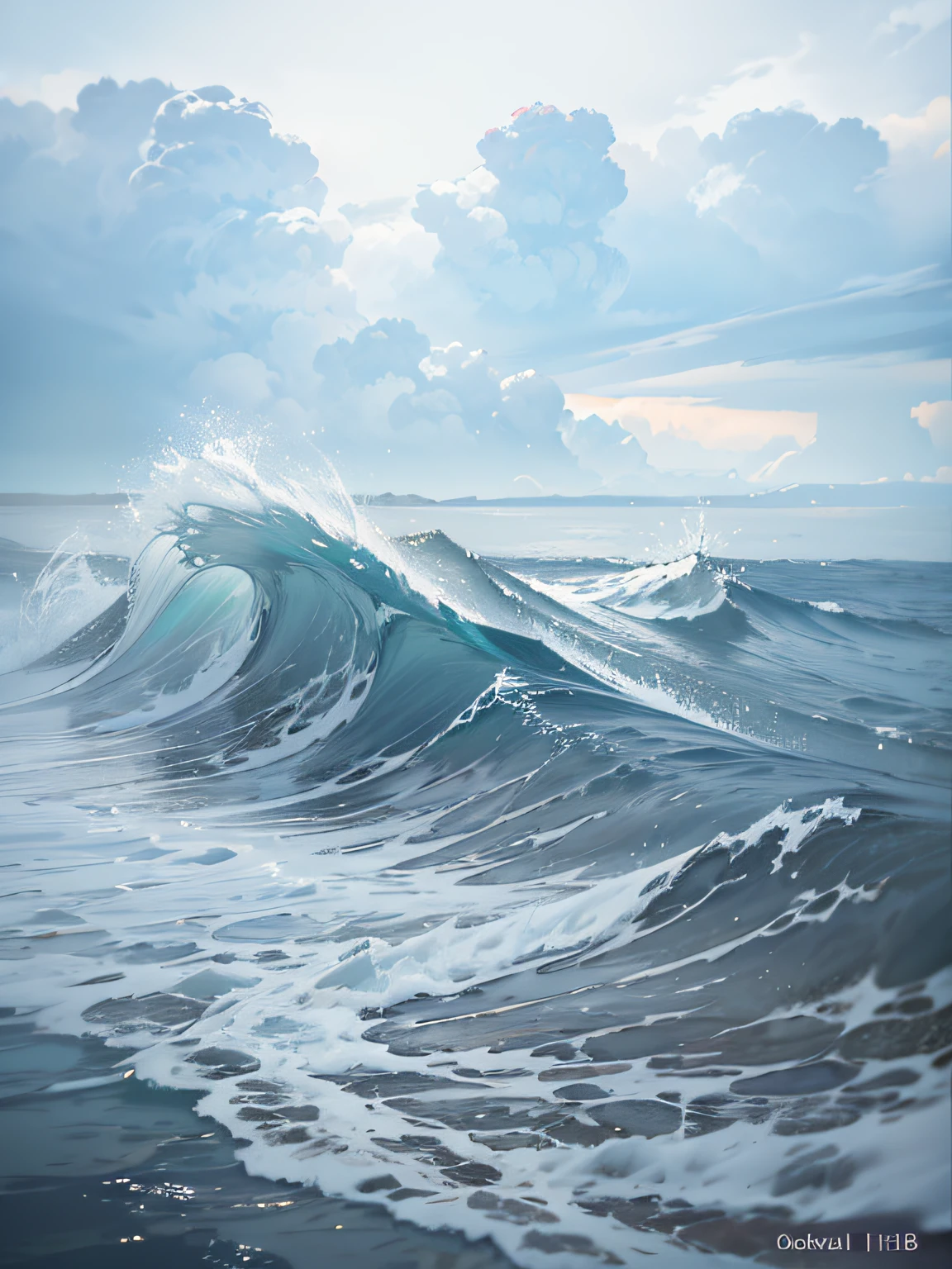 Seaside, Clouds, Heavy Rain, Huge Waves, Island, Depth of Field, HD Detail, Wet Watermark, Hyperdetail, Cinematic, Surrealism, Soft Light, Deep Field Focus Bokeh, Ray Tracing, Diffuse (Ultra-Fine Glass Reflection) and Surrealism, UHD, 8K, High Resolution, High Detail, Octane Rendering,--niji