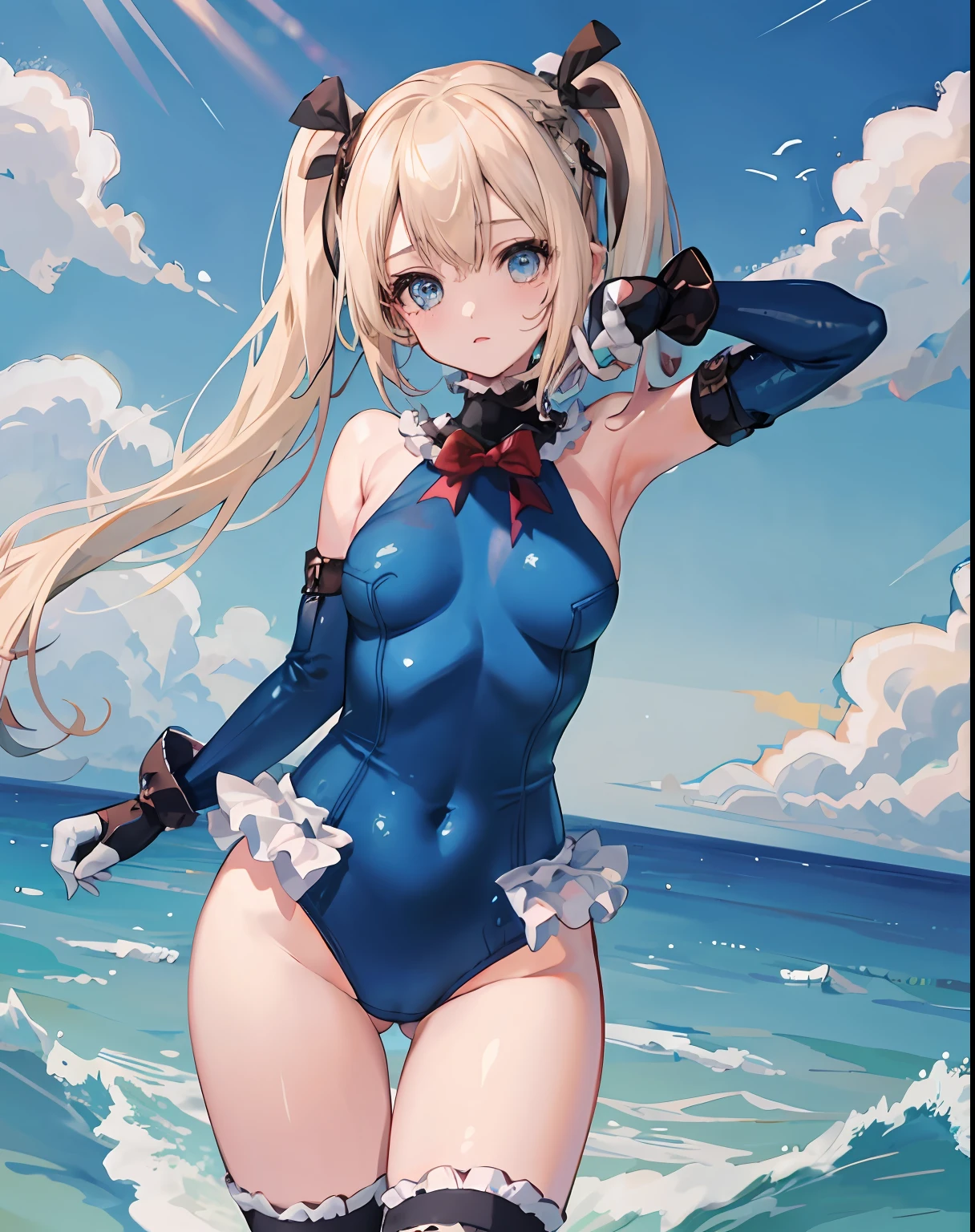 1 girl, solo, undersized breasts, Marie Rose, blue one-piece swimsuit, standing, cowboy shot, blush,
water, sand, sea, wet, elbow gloves, blue thighs,