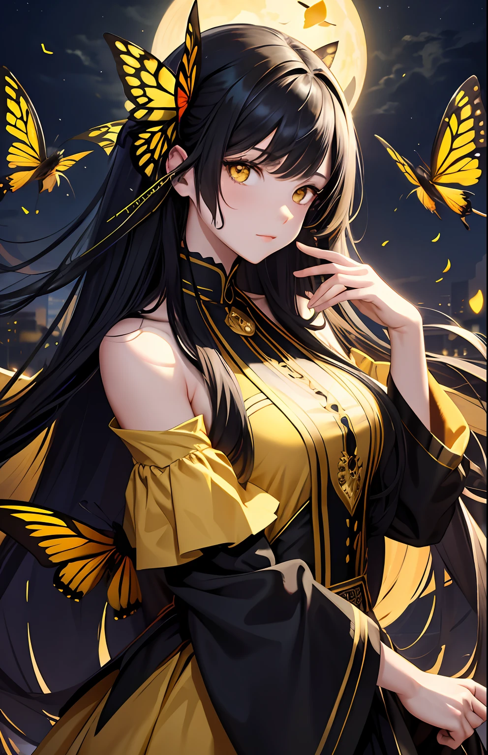 masterpiece, best quality, 1girl, black hair, yellow eyes, long hair, butterflys, night, upper body,