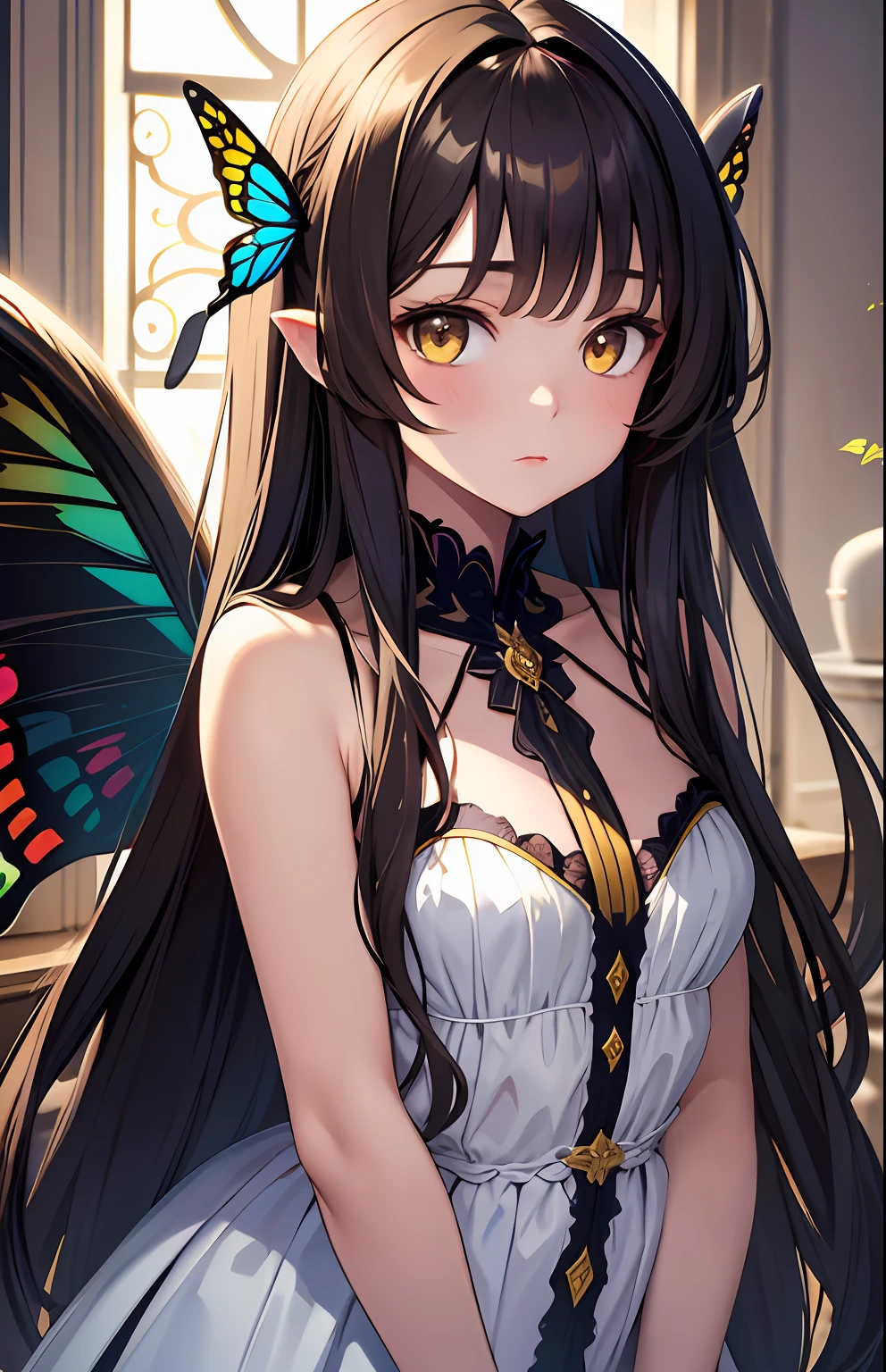 masterpiece, best quality, 1girl, brunette hair, yellow eyes, long hair, butterfly, night, angel wings,