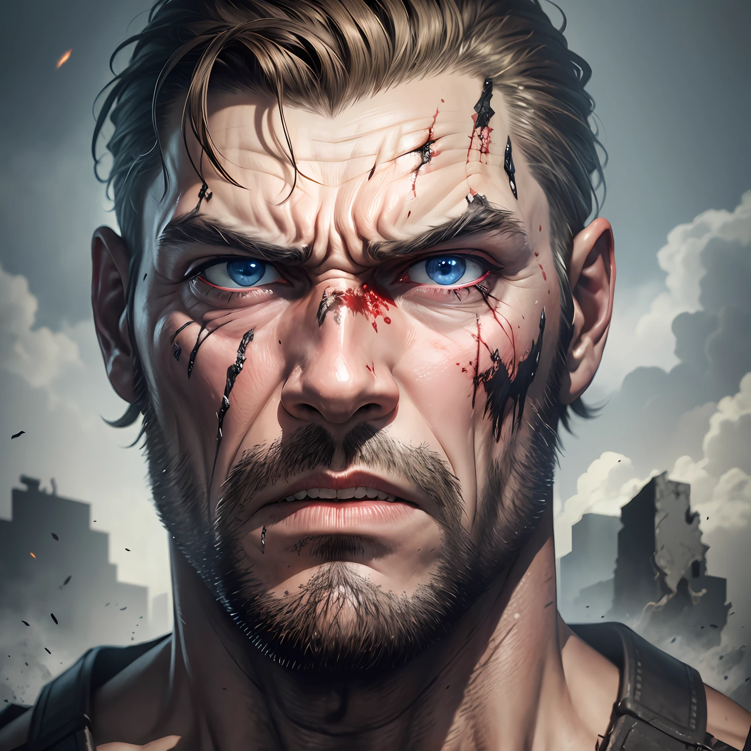 Create a war scarred and ultra realistic man with an angry face profile picture and a devastated and destroyed background --auto --s2