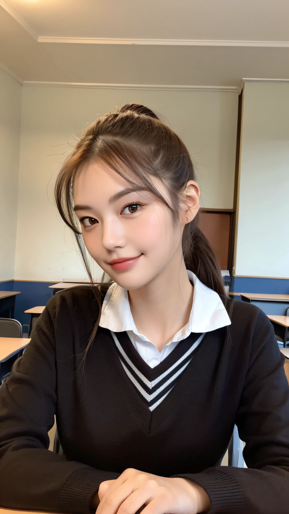 (Best quality, High resolution, Masterpiece :1.3), A tall and pretty woman, Slender figure body, Big breasts, (Dark brown hair styled in ponytail), Wearing school uniform, In classroom, Smirk, Details exquisitely rendered in the face and skin texture, Detailed eyes, Double eyelid