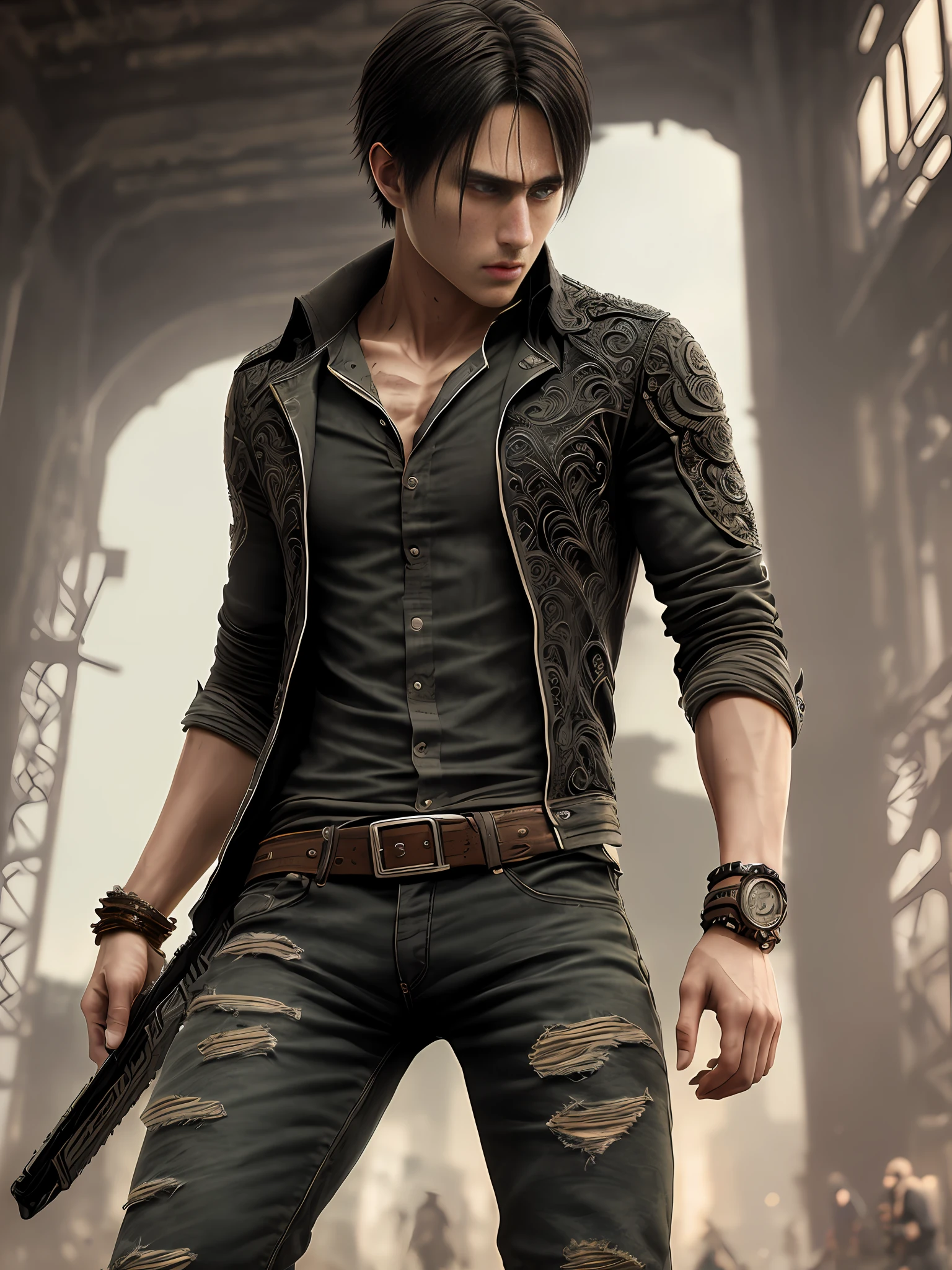 m male, (intricate details:1.22), hdr, (intricate details, hyperdetailed:1.2), full body, cinematic, intense, film composition, cinematic lighting, (rim lighting:1.3), color classification, , casual clothing, face eren yeager, strong body, perfect body, 8K, background bar with many people, long hair black color, bloody bruise, torn clothes, angry