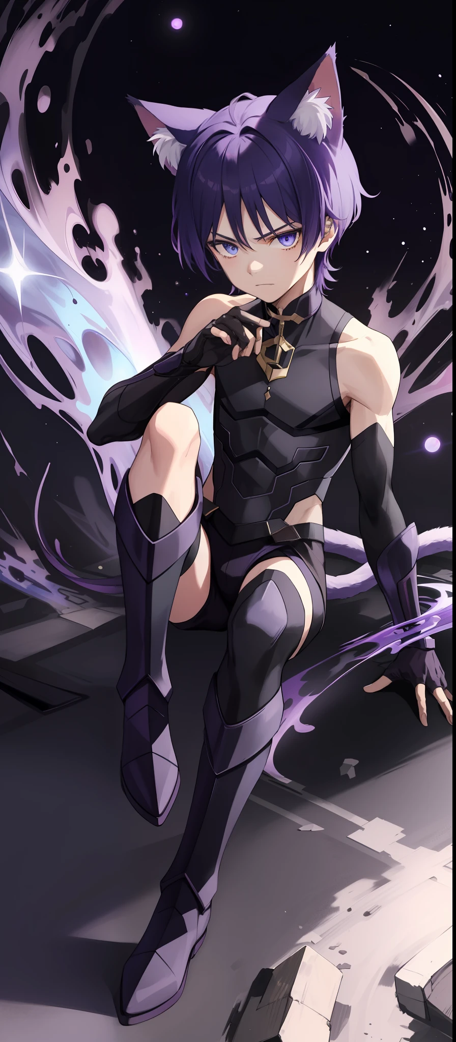 1boy, toned, sharp cat ears, cat tail, dark purple messy hair, dark blue eyes, cosmic powers, HD, masterpiece, vibrant, black boots, dead expression, slim purple armor