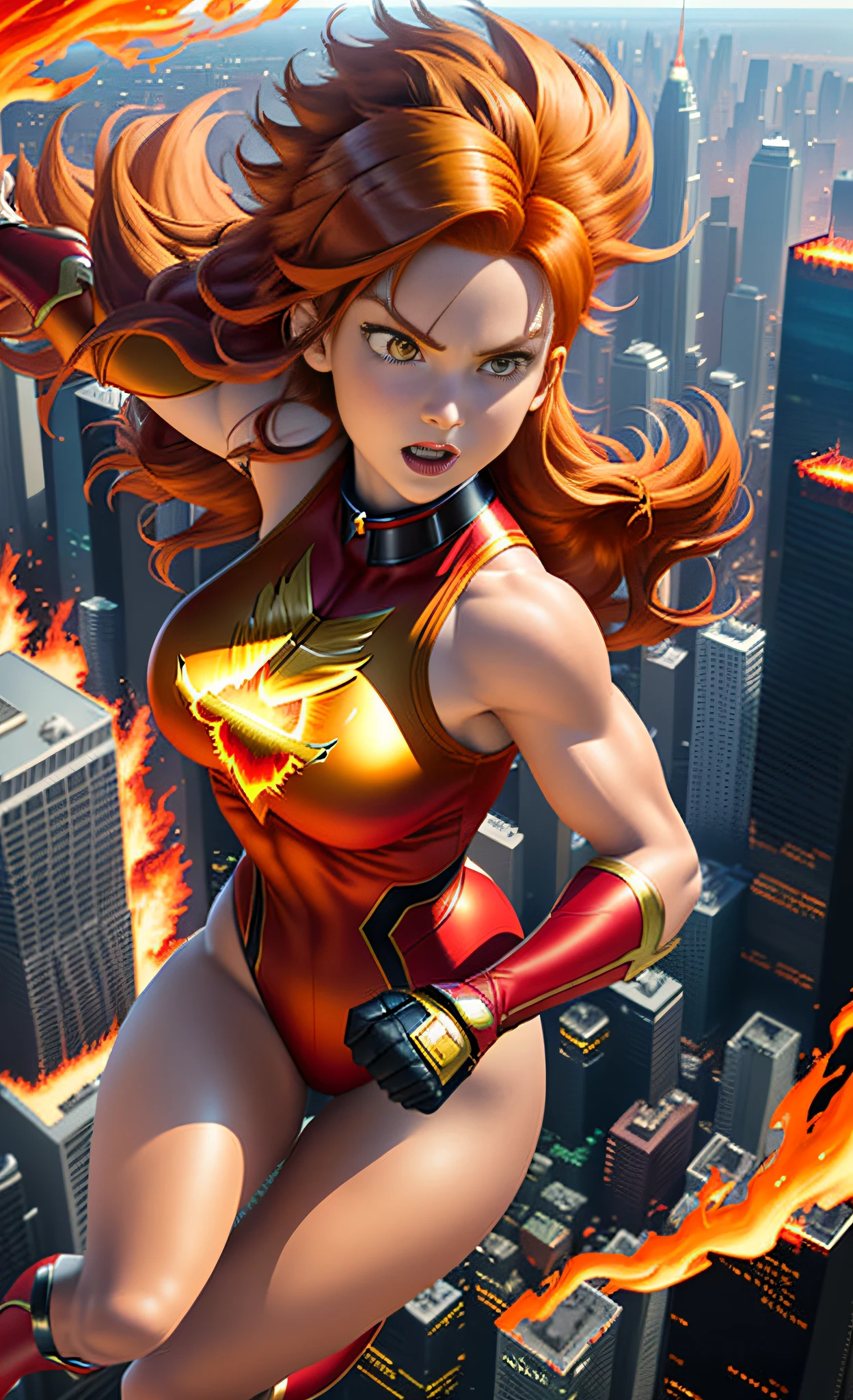 Soaring above a bustling cityscape at noon is a toned teenage female superhero with a red and gold leotard suit, vibrant red hair, shiny glowing yellow eyes, and the power of fire surging through her veins, ready to take on any challenge ahead. (powerful, heroic, red hair:1.2, fire powers:1.3)