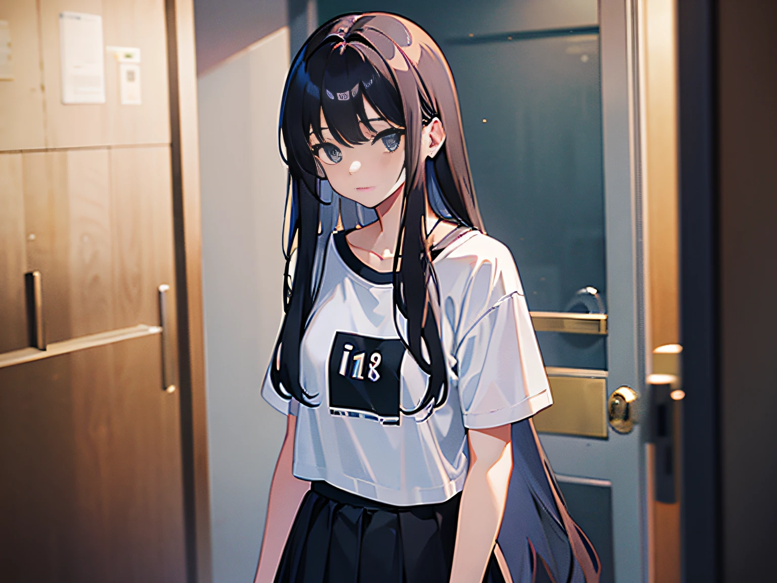 An 18-year-old girl, black hair, long hair, white T-shirt, black short skirt, standing in the doorway, half-body, depth of field,