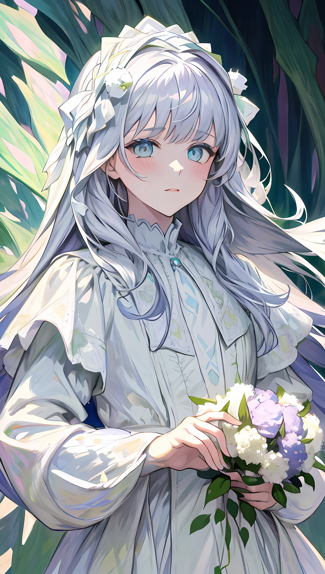 (1girl, face, upper body, white medieval dress of flower, silver long hair:1.2), masterpiece, impressionism, very thick painting, pale colors bouquet, twilight sky, light purple and light blue and light green, pale colors, oil painting, (Claude Monet, Joaquín Sorolla:1.3), (James Wilson Morrice, John Fabian Carlson, Hugh Henry Breckenridge:1.1), dynamic lighting, dramatic lighting, detailed eyes and face and skin, sharp pupils, realistic pupils