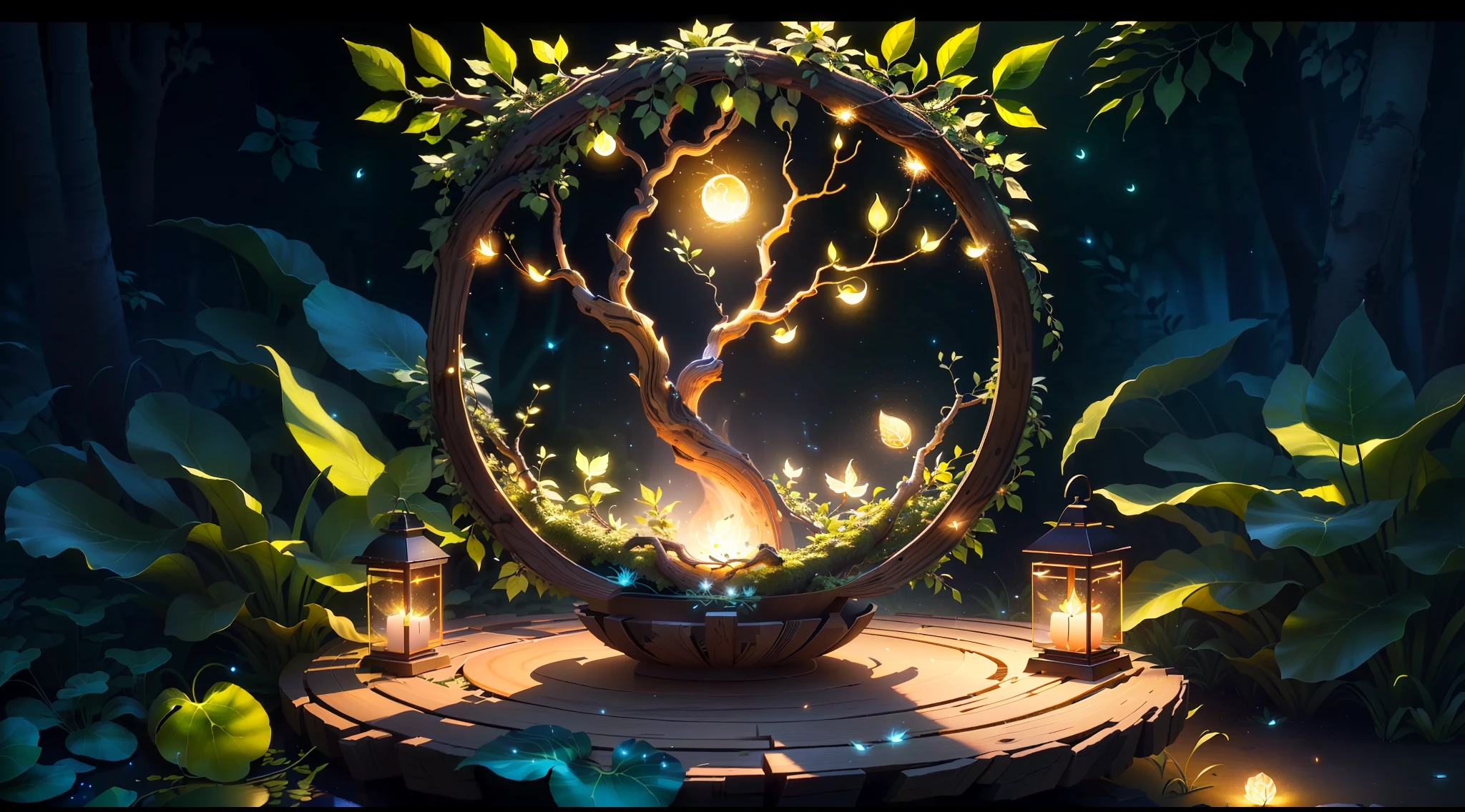 Masterpiece, best quality, (ultra-fine CG unity 8k wallpaper), (best quality), (best shadow), UI interface framework design with jungle theme natural elements. The avatar frame is designed as a circle, surrounded by delicate leaves and branches, as well as fireflies and glowing particle effects, moon, (UI interface box design), (natural elements), (jungle theme), (sprites), (circle), (leaves), (branches), (fireflies), (glow), (particle effects). , isometric 3d, octane rendering, ray tracing, super detailed