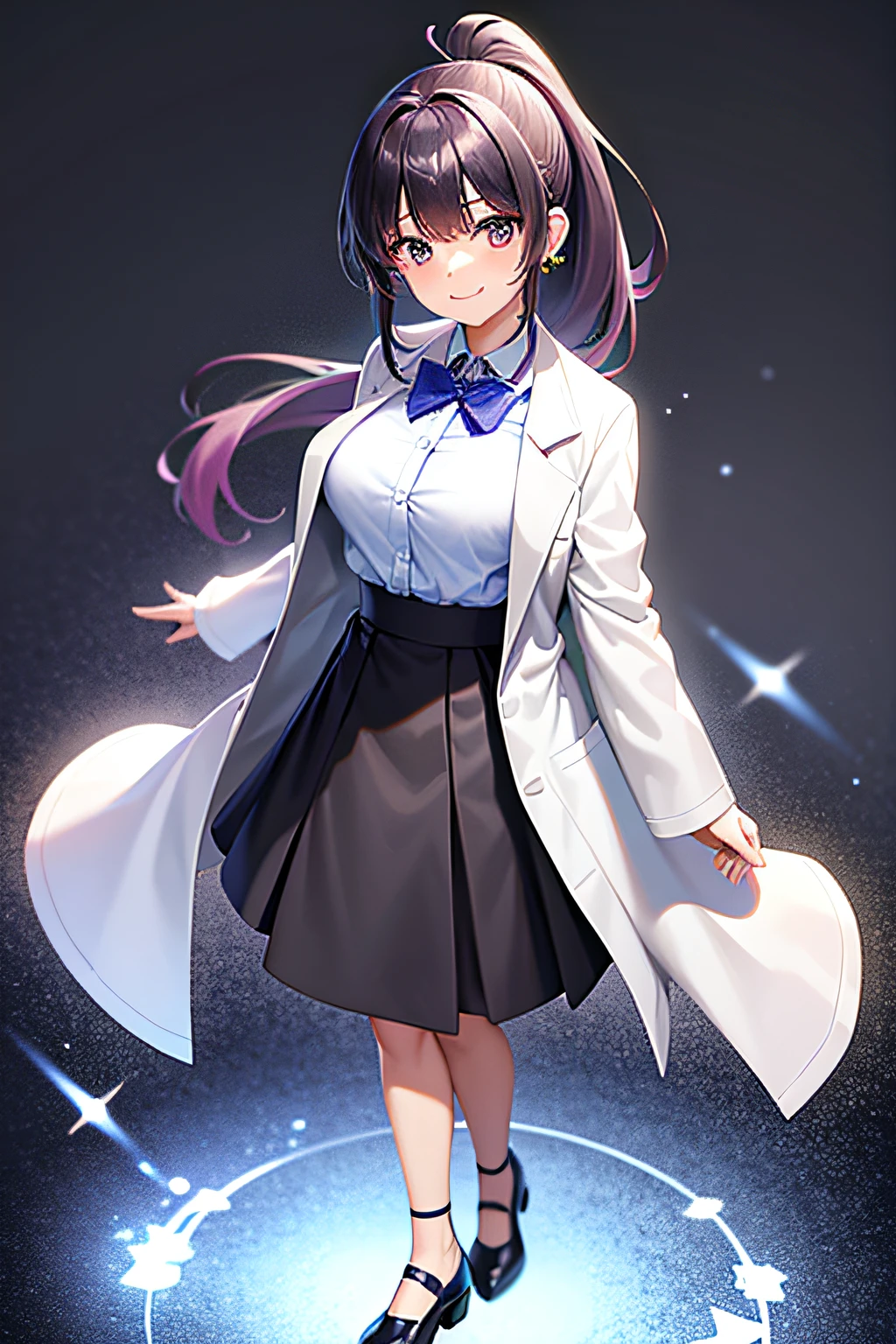 solo, hoshinoai, (16:9, high quality), (1girl:1.2), (solo:1.2), medium_face, indigo hair + high_ponytail, blunt bangs, purple + starry_eyes, smile, Light_face, Medium breasts, slenderwaist, Wide pelvic, thigh gaps, (formal clothes, white + laboratory coat), (black long skirt, black footwear, shoes), Single_earrin, standing, standing straight, (full body), (blurry background), outlet