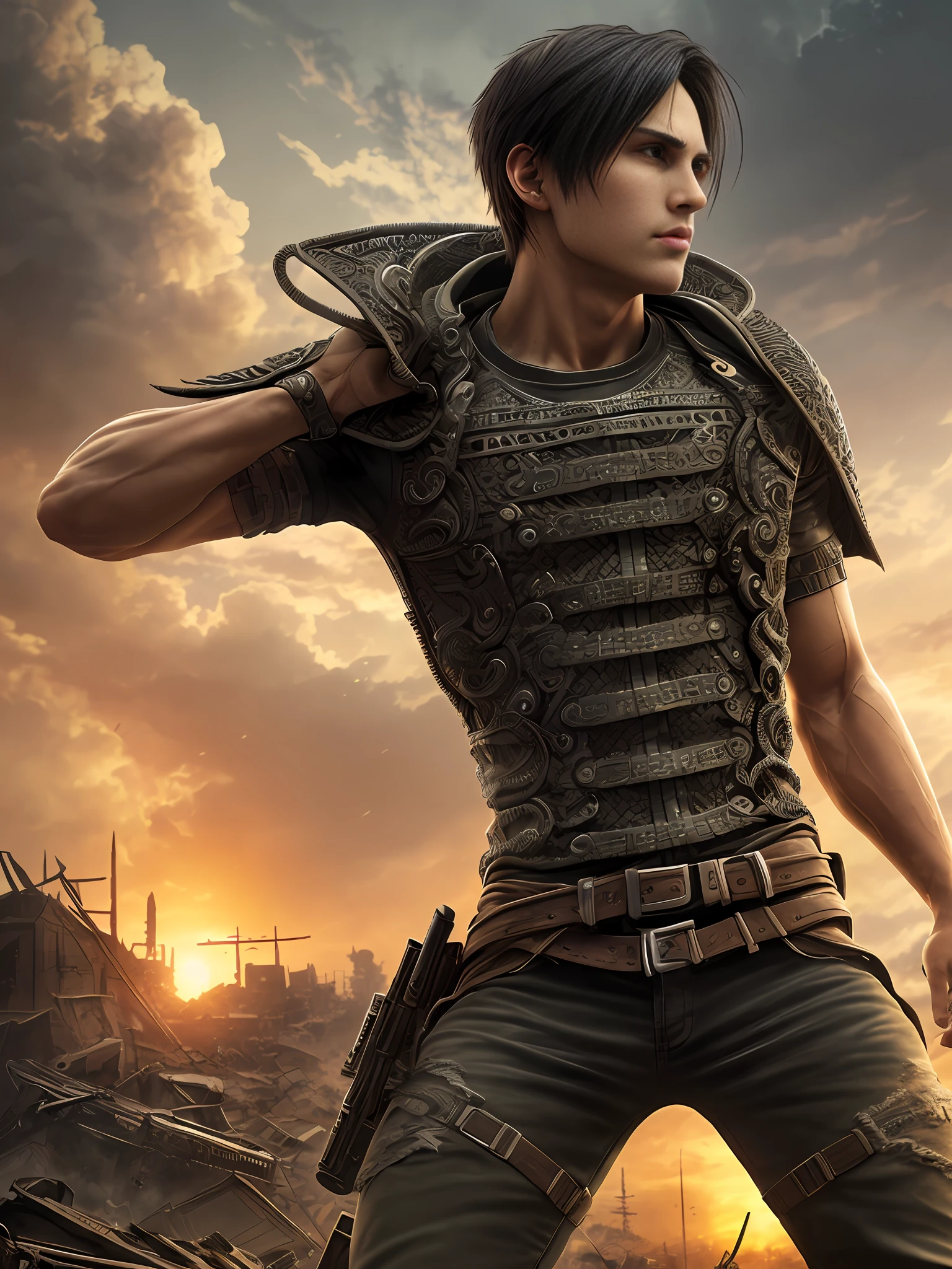 M male, (intricate details:1.22), HDR, (intricate details, hyperdetailed:1.2), full body, cinematic, intense, film composition, cinematic lighting, (rim lighting:1.3), color classification, , casual clothing, face eren yeager, strong body. 8K, apocalyptic destroyed city background, night, long black hair a, perfect body,