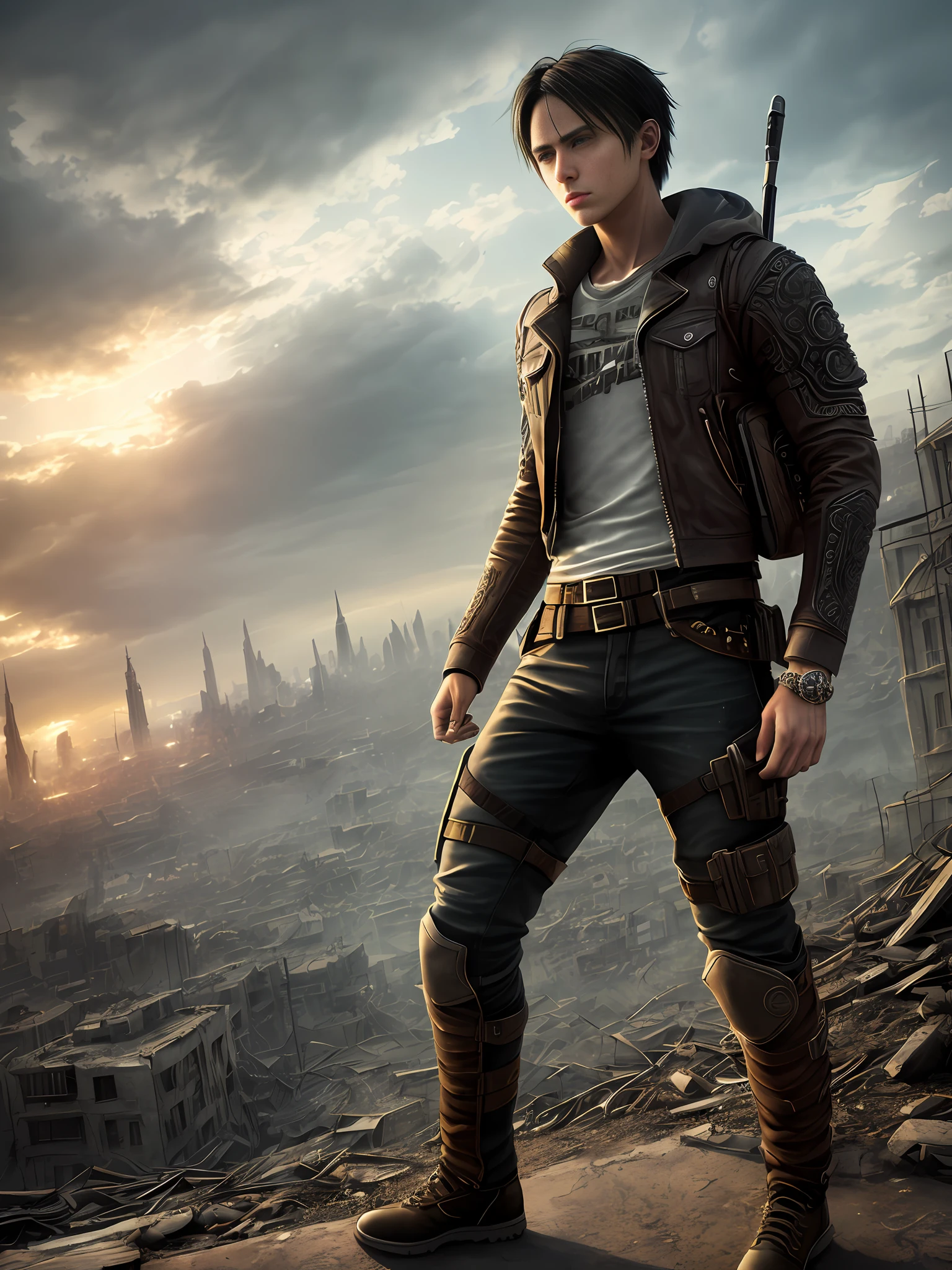 M male, (intricate details:1.22), HDR, (intricate details, hyperdetailed:1.2), full body, cinematic, intense, film composition, cinematic lighting, (rim lighting:1.3), color classification, , casual clothing, face eren yeager, strong body. 8K, apocalyptic destroyed city background, night, long black hair a, perfect body,