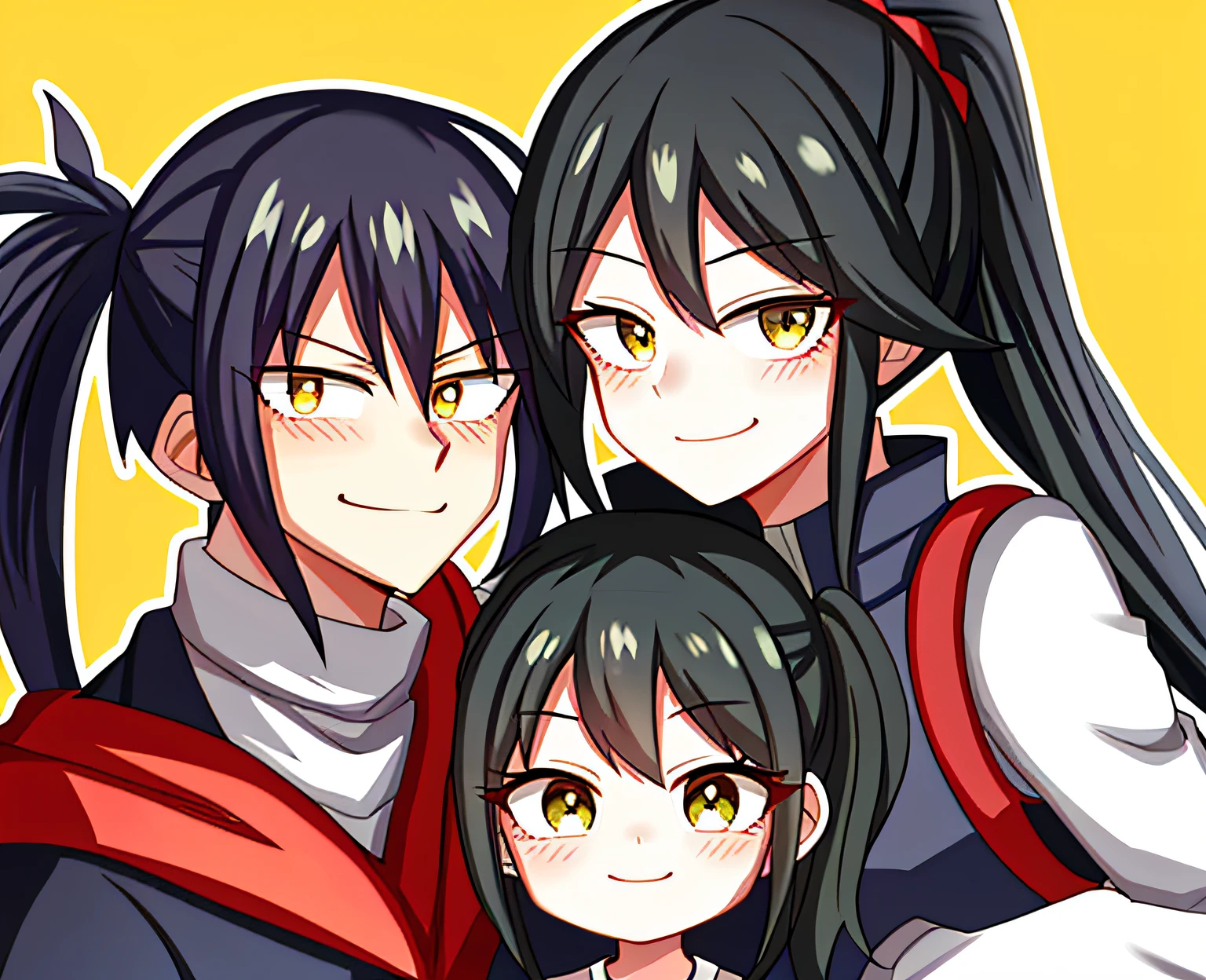 Family Photo, My Hero Academia art style. Black Hairs, Ponytail, Closed Mouths