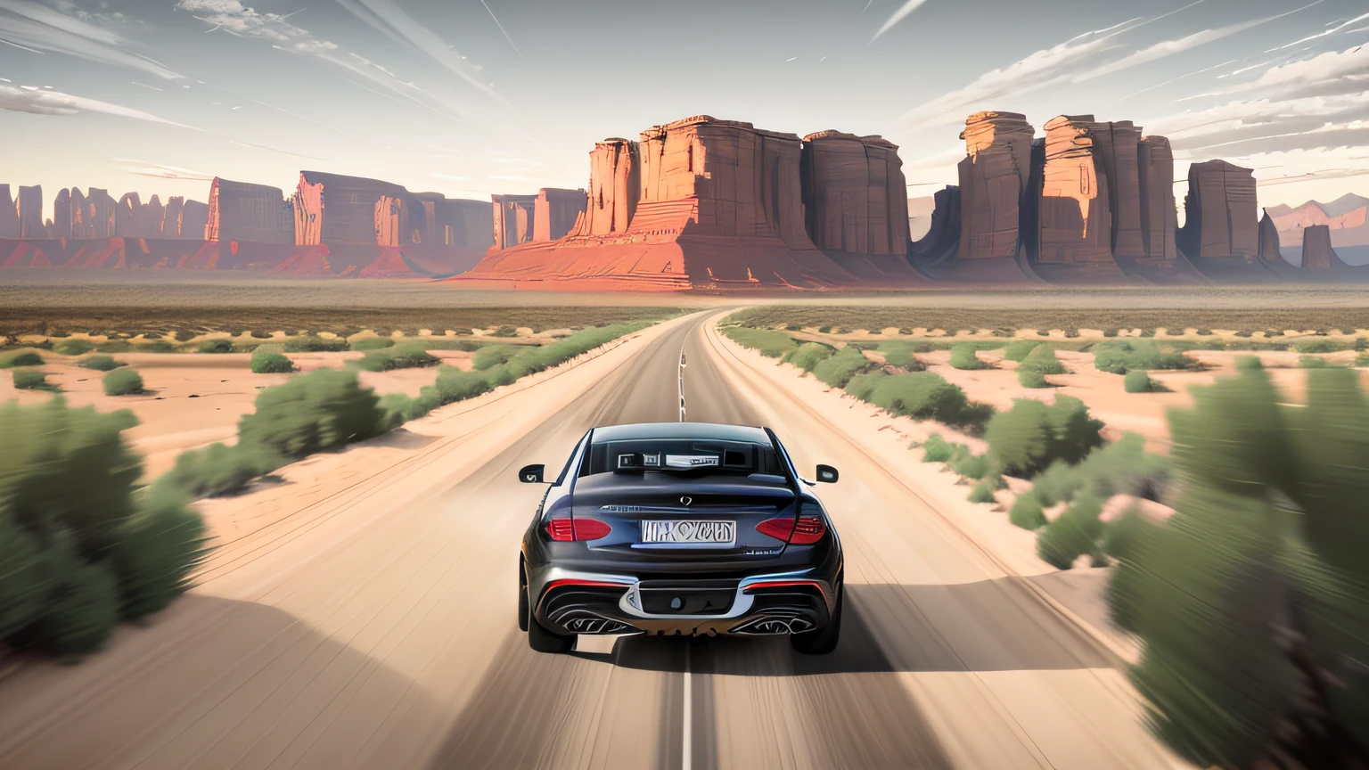 Cross-Rally, rear view, a silver Mercedes EQS::1 driving on plains::9 more cars in chase, harsh terrain, uneven terrain, dynamic composition, motion blur, complex terrain, rocky sand city, blades of grass, trees, distant trees, distant mountains, sky, dynamic composition, great plains,