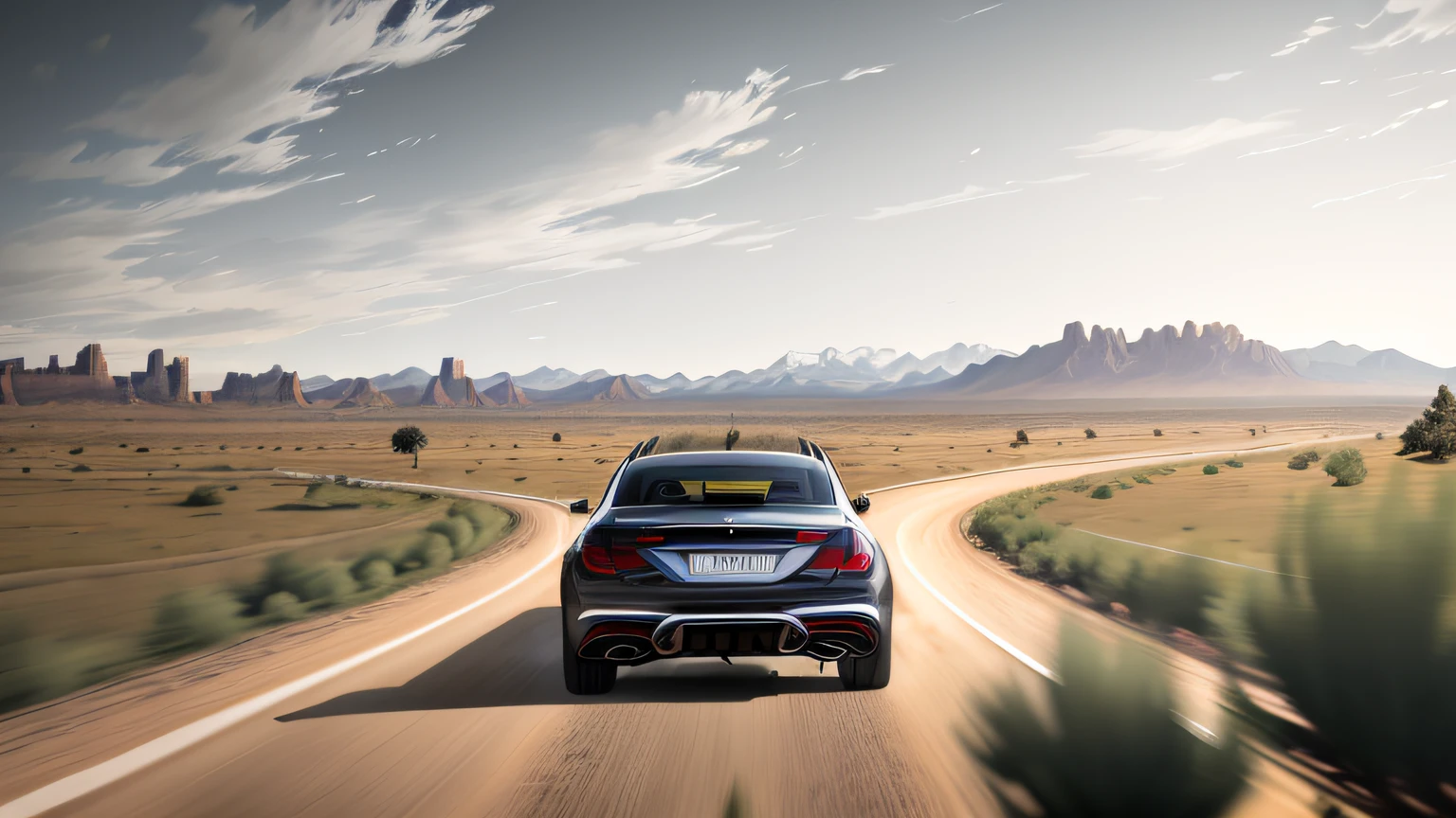 Cross-Rally, rear view, a silver Mercedes EQS::1 driving on plains::9 more cars in chase, harsh terrain, uneven terrain, dynamic composition, motion blur, complex terrain, rocky sand city, blades of grass, trees, distant trees, distant mountains, sky, dynamic composition, great plains,