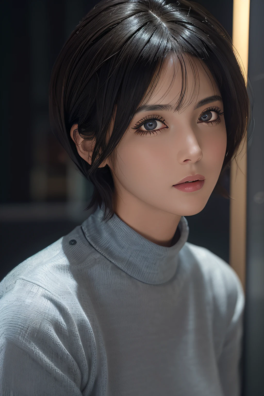 (masterpiece:1.3), (8k, photorealistic, RAW photo, best quality: 1.4), (1girl), beautiful face, (realistic face), (black hair, short hair:1.3), beautiful hairstyle, realistic eyes, beautiful detailed eyes, (realistic skin), beautiful skin, (sweater), absurdres, attractive, ultra high res, ultra realistic, highly detailed, golden ratio