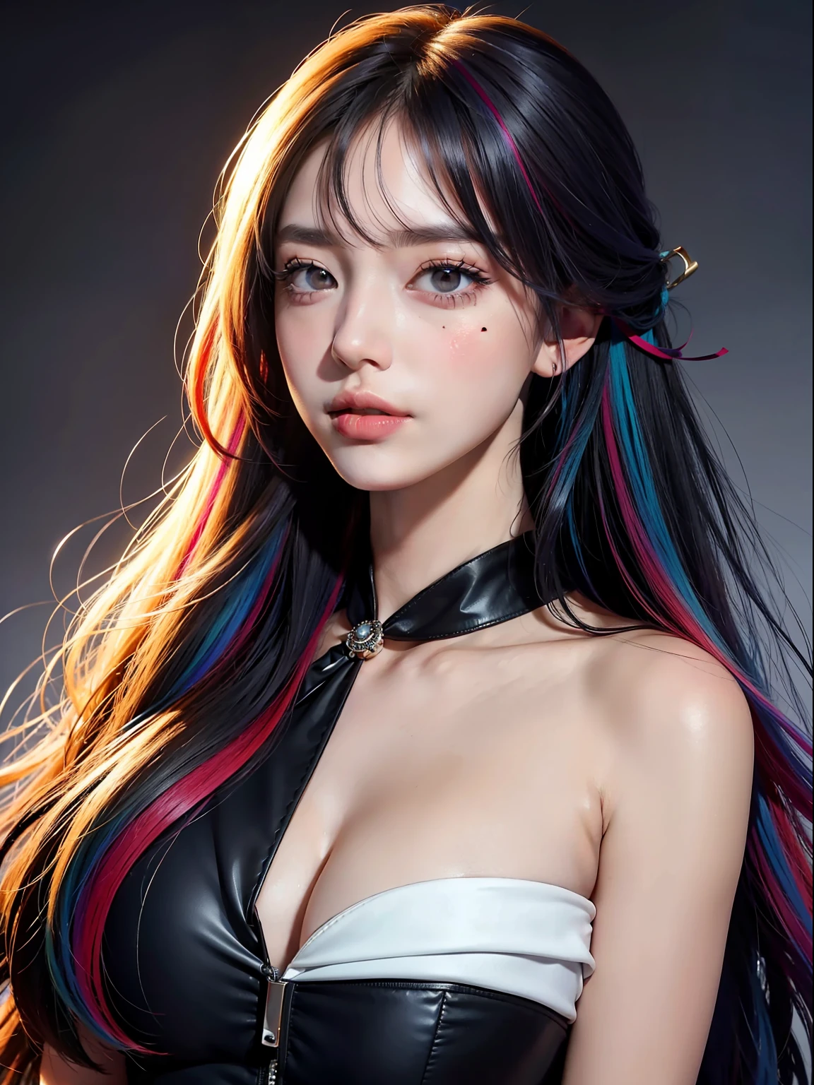 Best quality, masterpiece, super high resolution, multicolored hair, long hair, asymmetrical bangs, ribbon, mole under the eyes, gradient eyes, eyeballs, shyness, smile, makeup, lip licking, evil, gorgeous evening dress, character setting, close up, canon, film grain, surrealism, rococo style, UHD, masterpiece, award-winning, bust holding Golf No. 1 stick