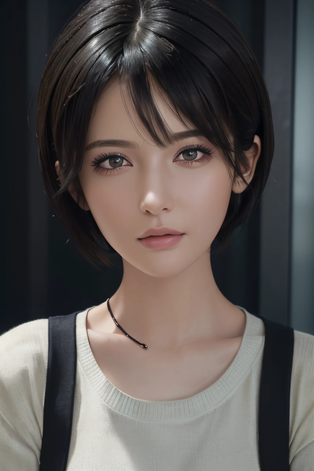 (masterpiece:1.3), (8k, photorealistic, RAW photo, best quality: 1.4), (1girl), beautiful face, (realistic face), (black hair, short hair:1.3), beautiful hairstyle, realistic eyes, beautiful detailed eyes, (realistic skin), beautiful skin, (sweater), absurdres, attractive, ultra high res, ultra realistic, highly detailed, golden ratio