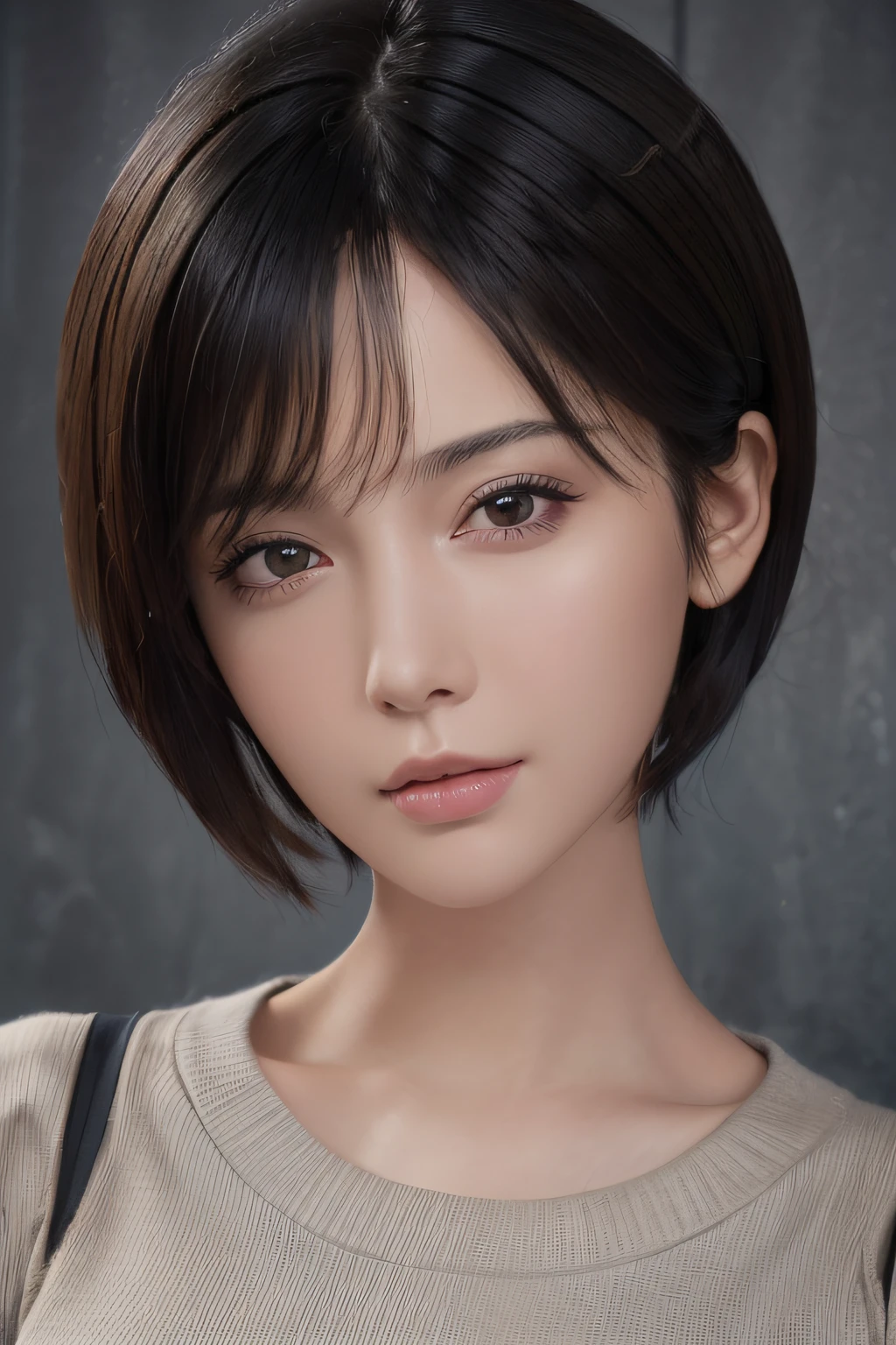 (masterpiece:1.3), (8k, photorealistic, RAW photo, best quality: 1.4), (1girl), beautiful face, (realistic face), (black hair, short hair:1.3), beautiful hairstyle, realistic eyes, beautiful detailed eyes, (realistic skin), beautiful skin, (sweater), absurdres, attractive, ultra high res, ultra realistic, highly detailed, golden ratio