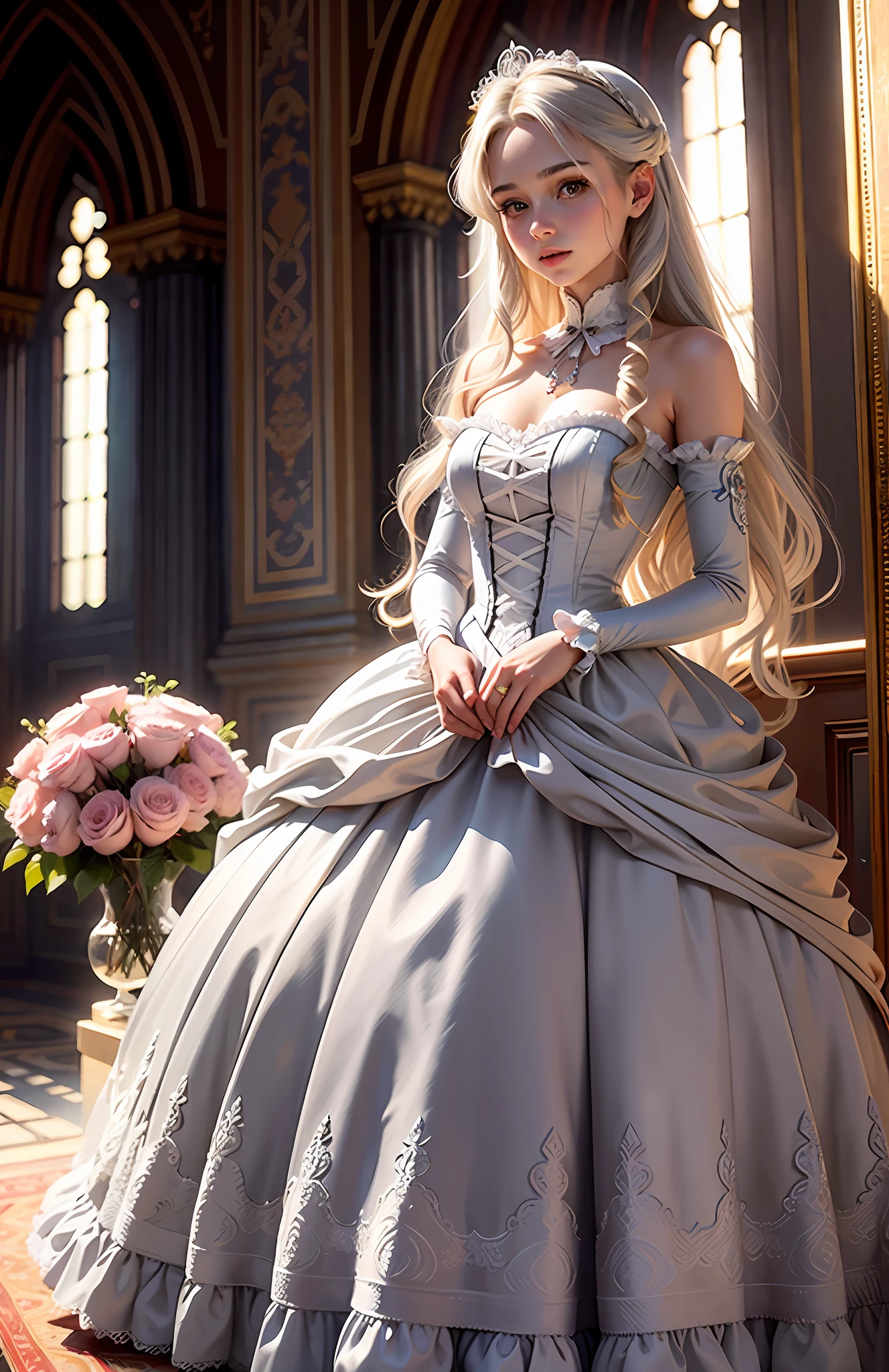Masterpiece, Best Quality, Solo Focus, (Perfect Face:1.1) , (High Detail:1.1), (Romantic, 1.5), (Long Gray Hair:1.3) Novel cover, delicate, delicate woman one, Victorian dress wearing beautiful white with pink details and red ribbon: 1.3, red rose details: 1.3, long blonde hair: 1.3, having a bouquet of flowers 1.2), (in a beautiful palace , Daytime, Bright Light: 1.3), Young Woman, Longing Posture, Ultra Detail, Digital Art, Studio Quality, Smooth Rendering, Unreal Engine 5 Rendering, Octane Rendering, 8K, Girl with European Features, 18th Century Medieval Dress, Classic Victorian Dress, Luxury Dress, (( girl))), Classic Princess Ball Gown,Beaded, Satin, Lace, Strapless, Full-skirt, Cathedral train