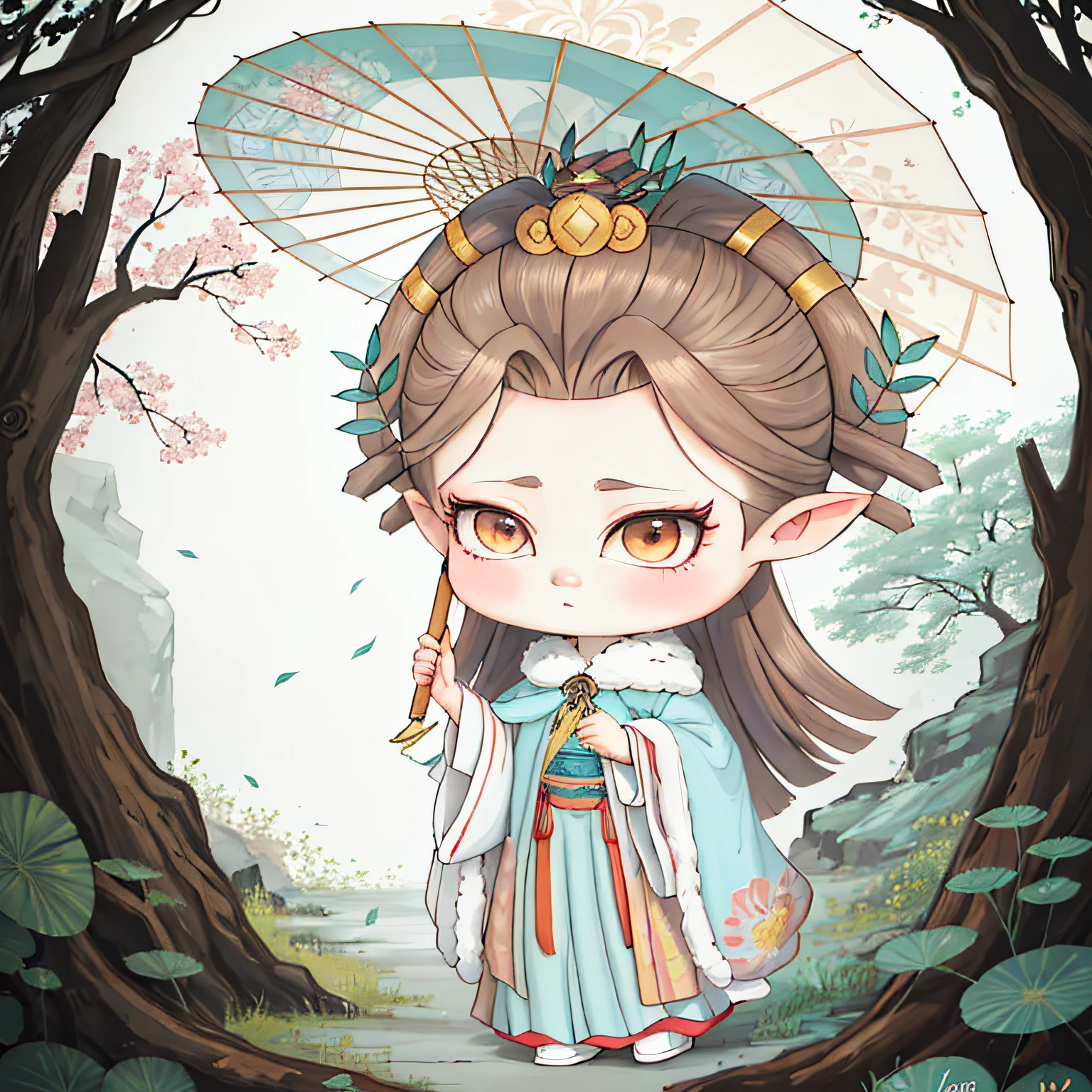 A painting of a Chinese girl holding an oil-paper umbrella, brown hair, ancient Chinese princess, Chinese empress, palace, girl in Hanfu, ancient Chinese goddess, Chinese princess, cold fur robe cape with ancient Chinese pattern, light cyan underwear, branches with leaves on the head, light-colored umbrella, no miscellaneous, two-headed body