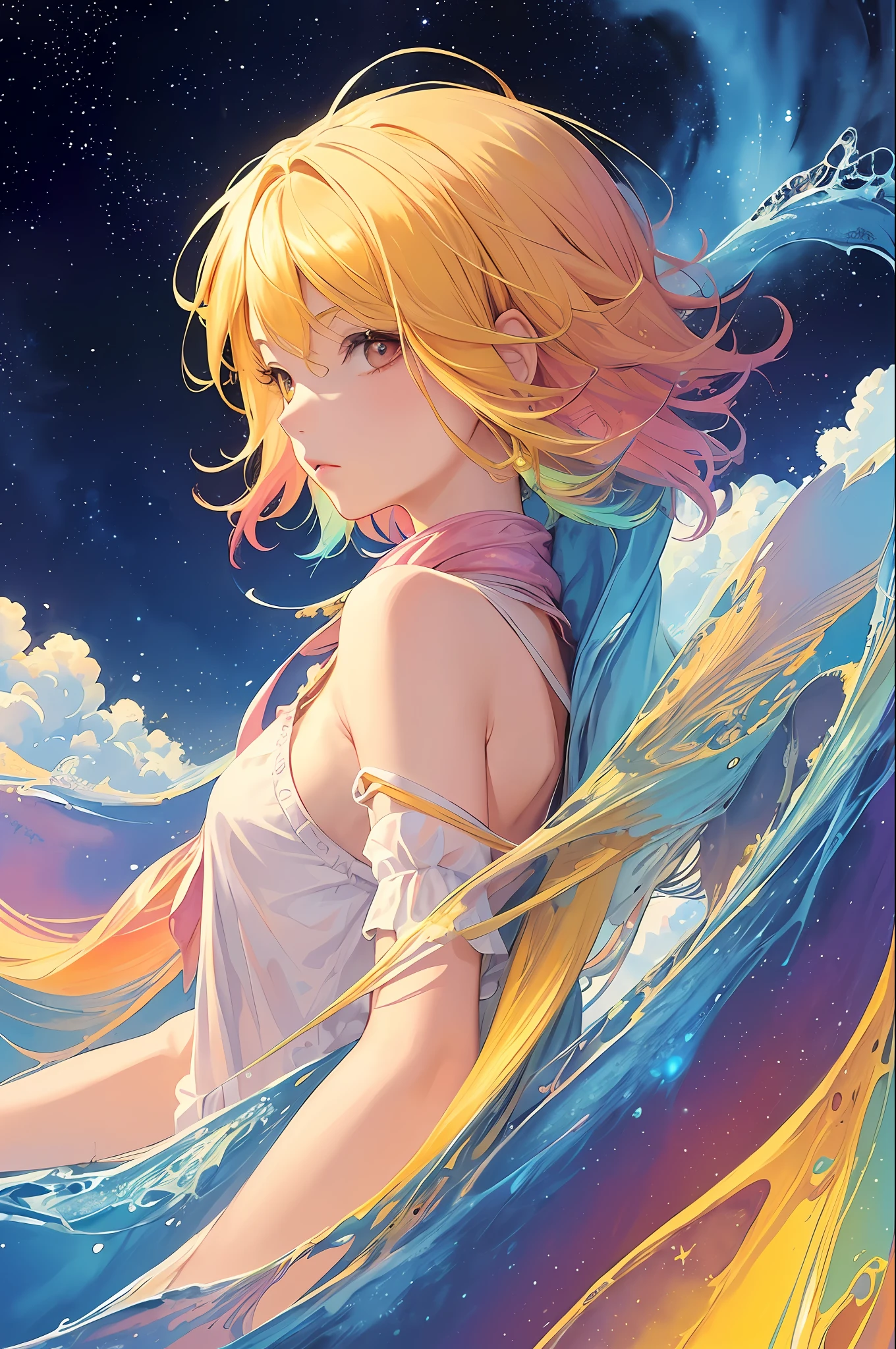 (masterpiece, top quality, best quality,watercolor (medium),official art, beautiful and aesthetic:1.2),(1girl:1.3), (fractal art:1.3),upper body, from side, looking at viewer,patterns,(yellow hair, half blue and half pink hair:1.2),water,liquid, cloud,colorful, starry,stars, red eyes